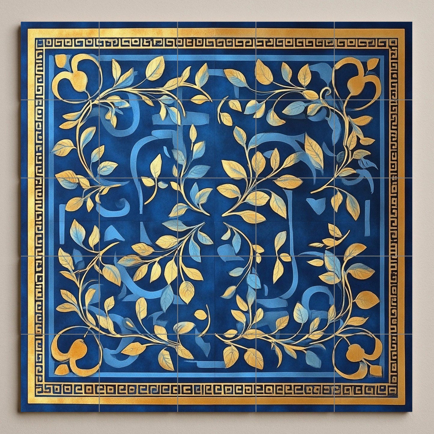 Ceramic mural of laurel and olive with Greek key: blue and gold decorative panel, classic Mediterranean art with tiles and elegant ornamental design.