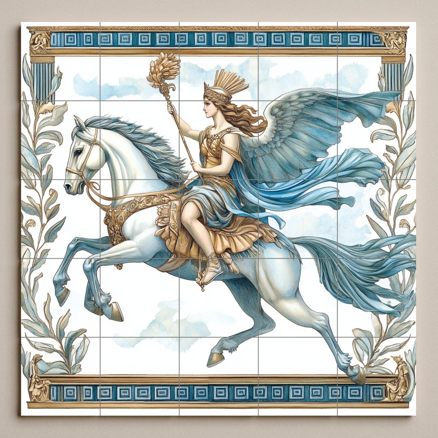 Ceramic mural of Valkyrie on Winged Horse: Decorative tile panel of warrior goddess from Norse mythology