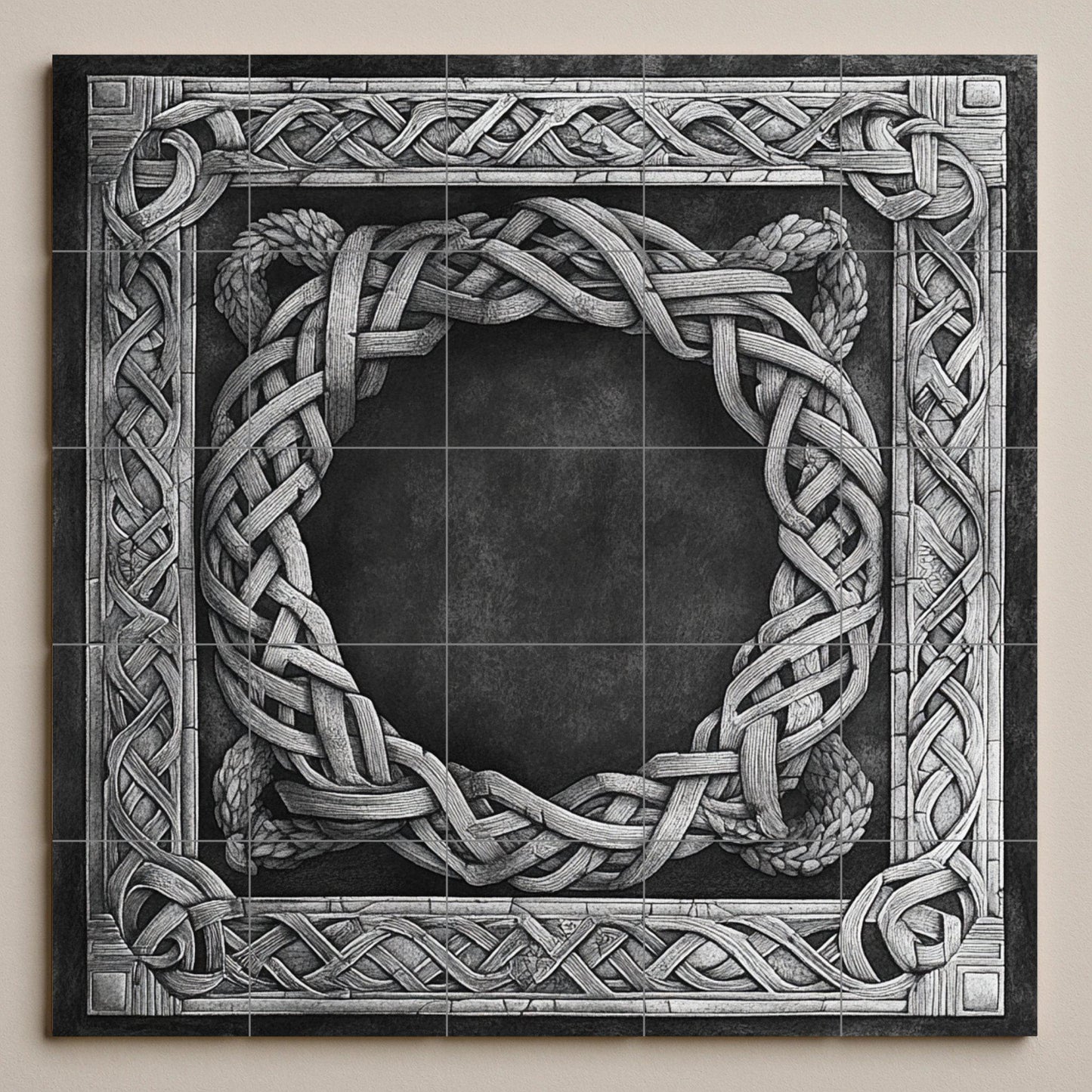 Nordic stonework ceramic mural: artwork with Viking knot border, Nordic weaving motifs and medieval architectural elegance.