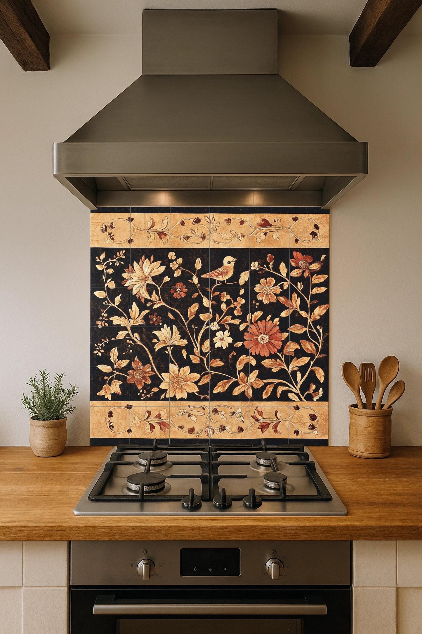 Indonesian batik ceramic mural: artwork featuring floral and bird tiles in earthy tones, canting style borders and elegant wax-resistant decoration.