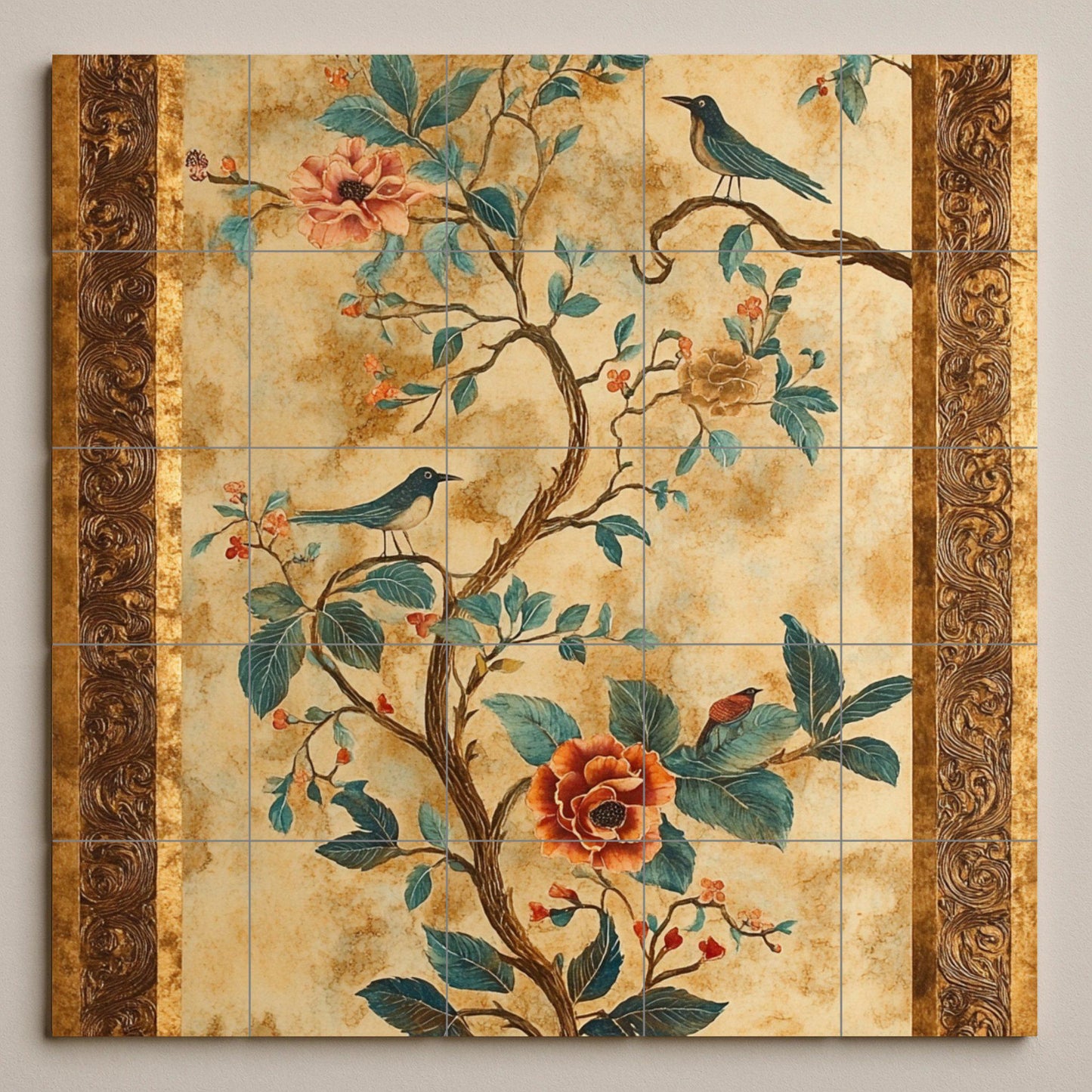 Ceramic mural with flowers and birds: elegant chinoiserie-inspired tile artwork with botanical motifs, songbirds and ornamental gold frame.