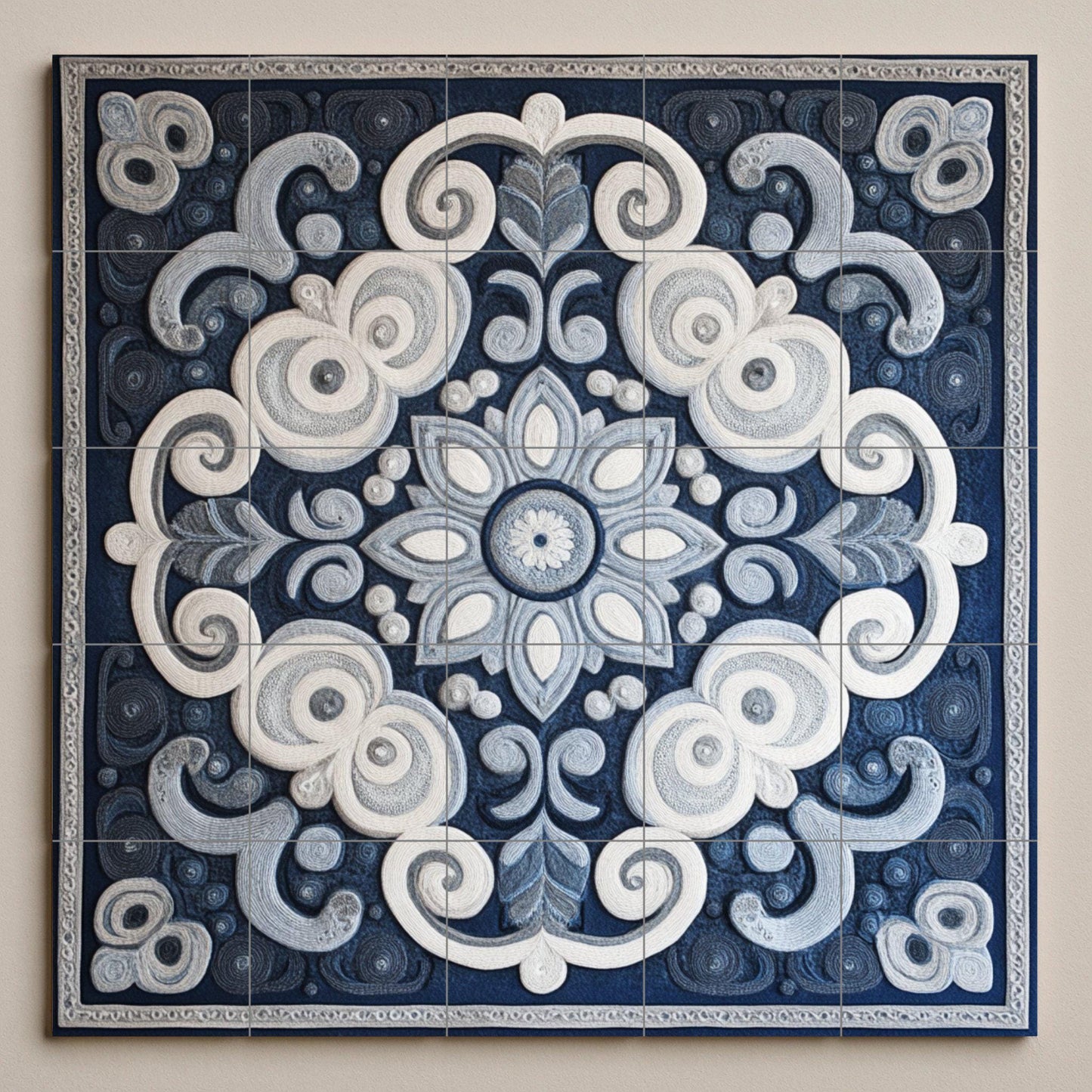 Blue and white ceramic mural: ornamental mandala mosaic artwork with abstract spiral patterns and elegant decorative symmetry.
