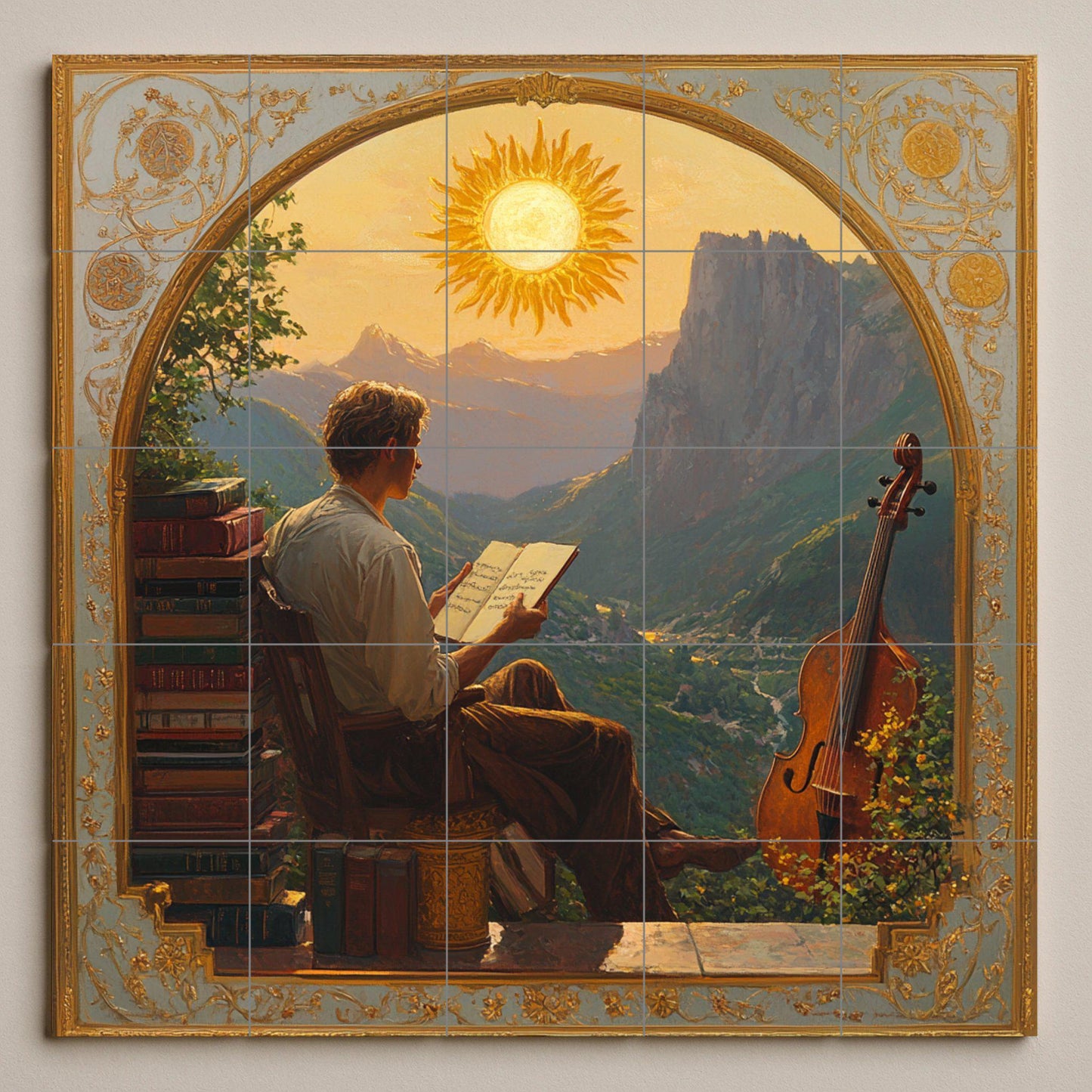 Dolomites ceramic mural: Romantic tile art with musician at sunset, wall panel with alpine landscape and artistic mountain scene.