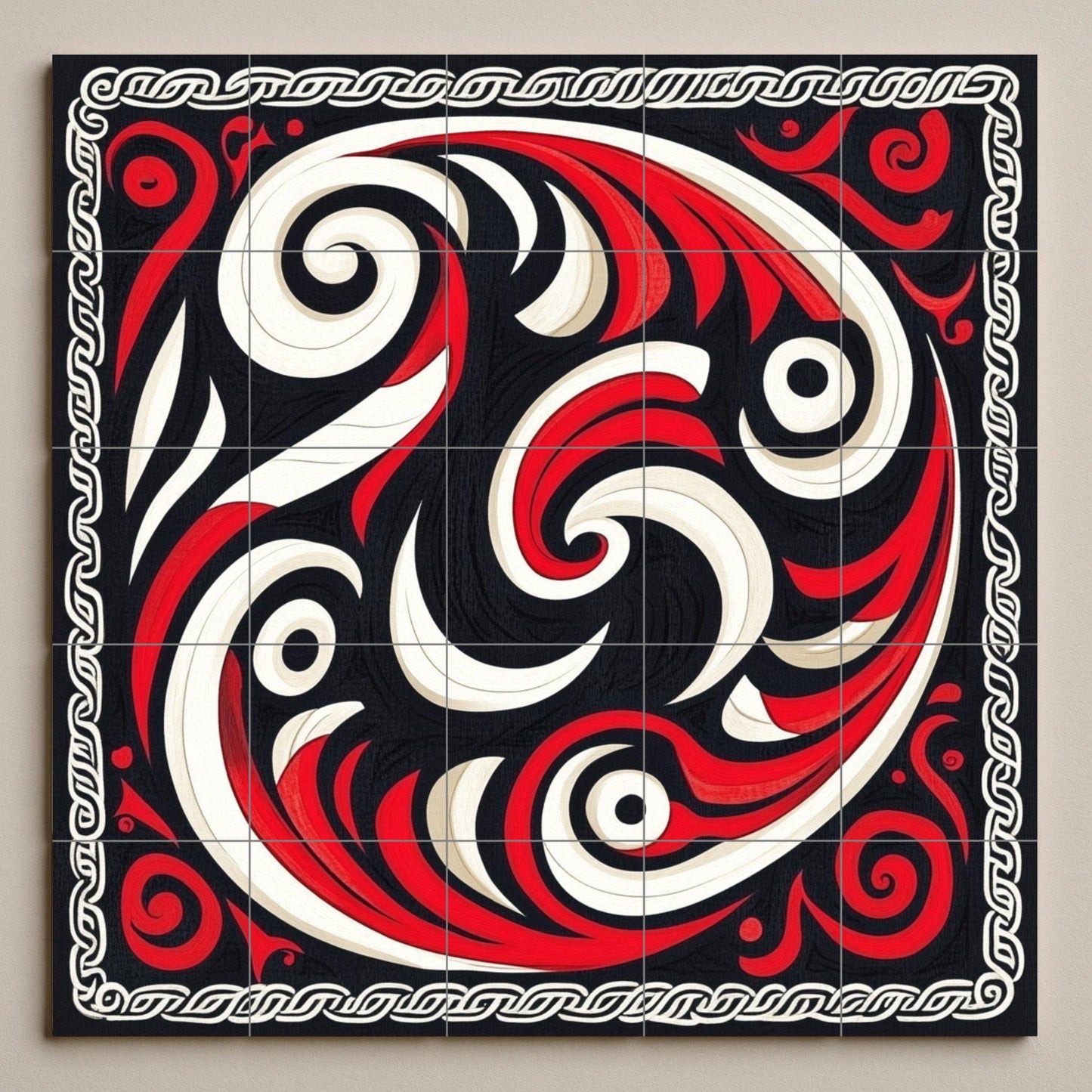 Dynamic abstract ceramic mural: wall art with red and black swirls, decorative tile set, geometric details, modern and bold design.