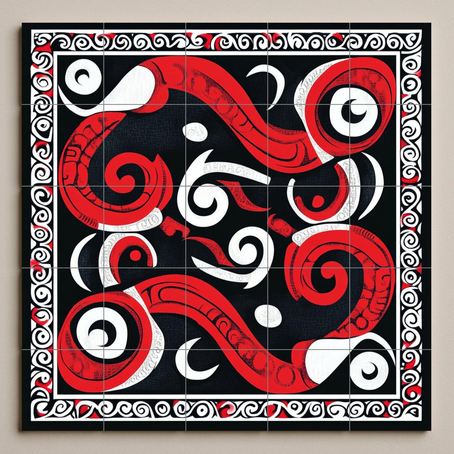 Maori ceramic mural Kōwhaiwhai: Tribal artwork with spiral tiles, red, white and black geometric mural art, cultural decorative ceramic panel.
