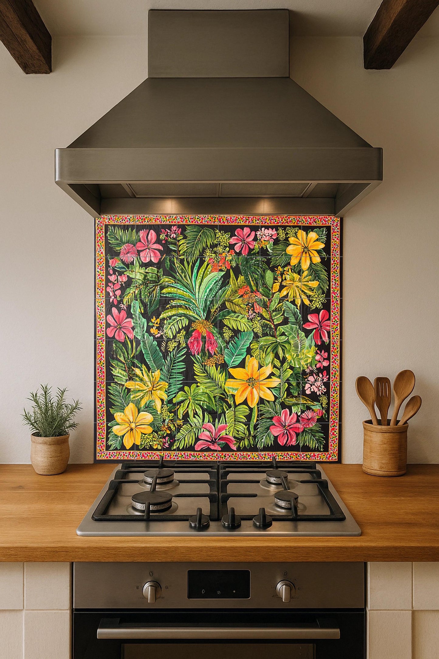 Tropical ceramic mural with exotic flowers: vibrant artwork with jungle tiles, colorful botanical panel, lush decorative ceramic wall art.