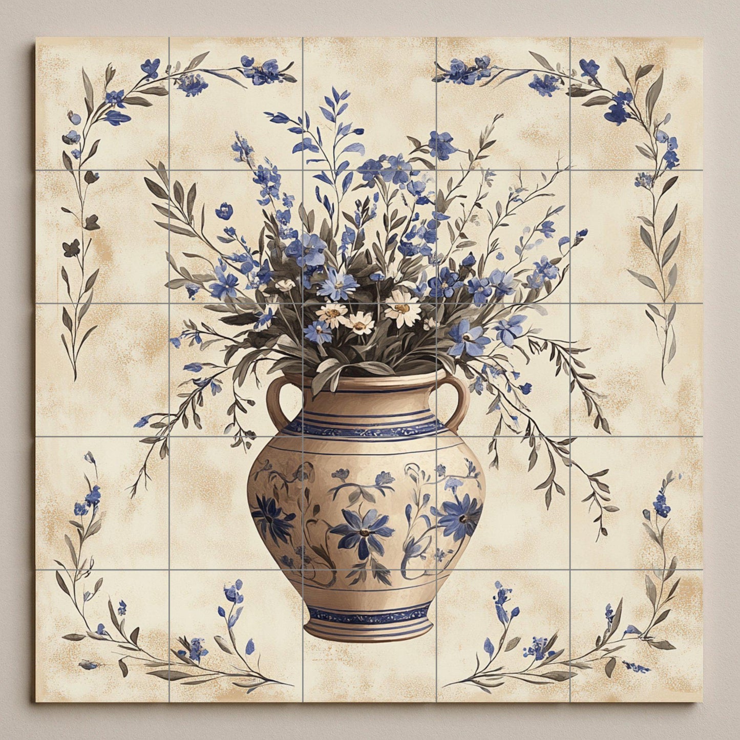 Ceramic mural with blue floral vase: artwork with botanical tiles, Mediterranean ceramic elegance, handcrafted decorative wall art.