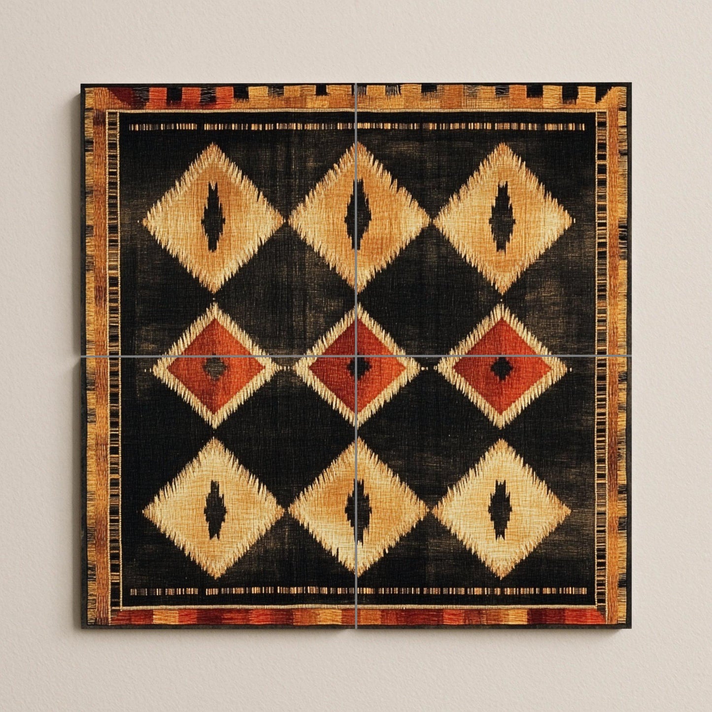Modern Southwest ceramic mural: geometric diamond pattern in earth tones of black, gold and terracotta.