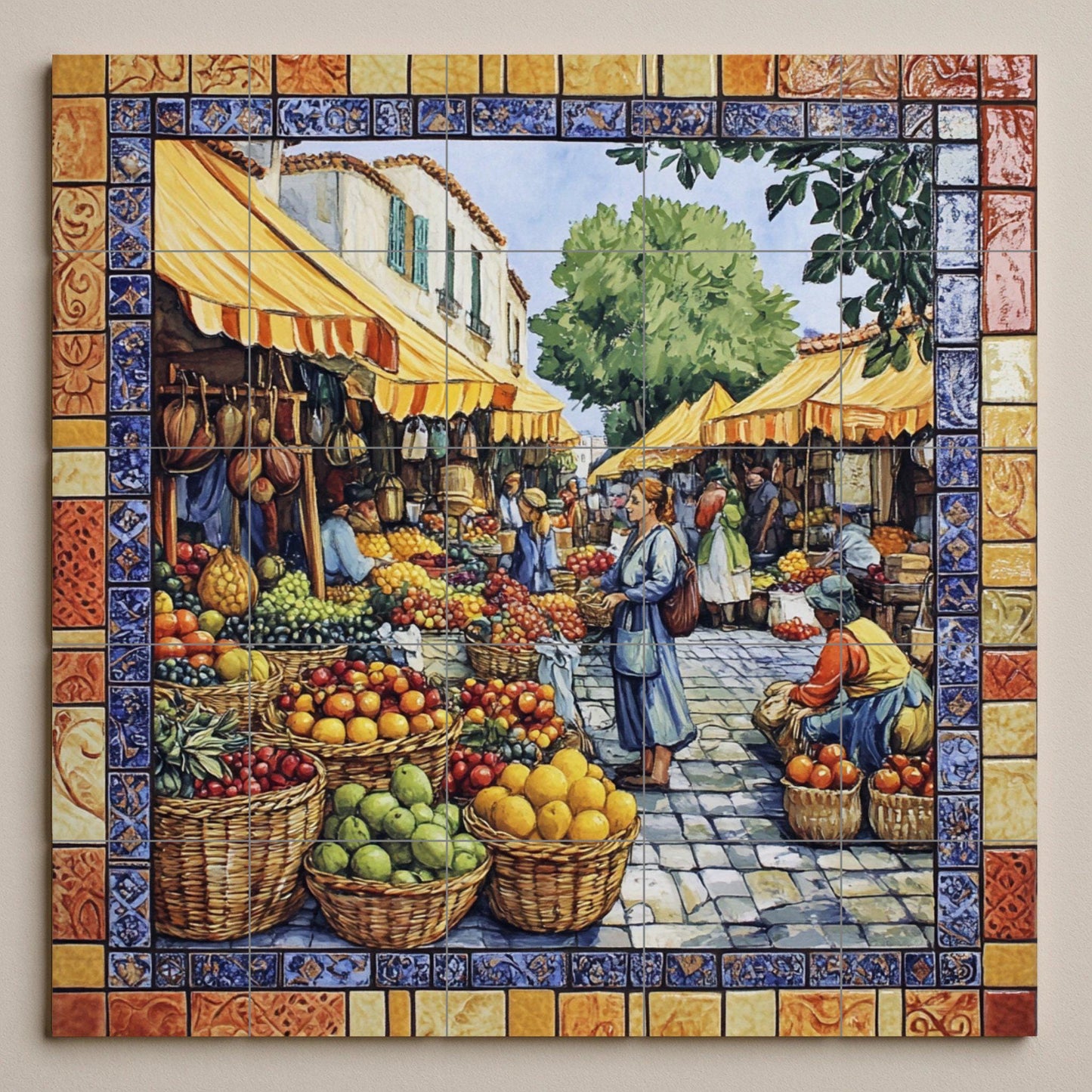 Ceramic mural of the Mediterranean Market: vibrant fruit stalls and a village square scene with colorful borders and a sunny atmosphere.