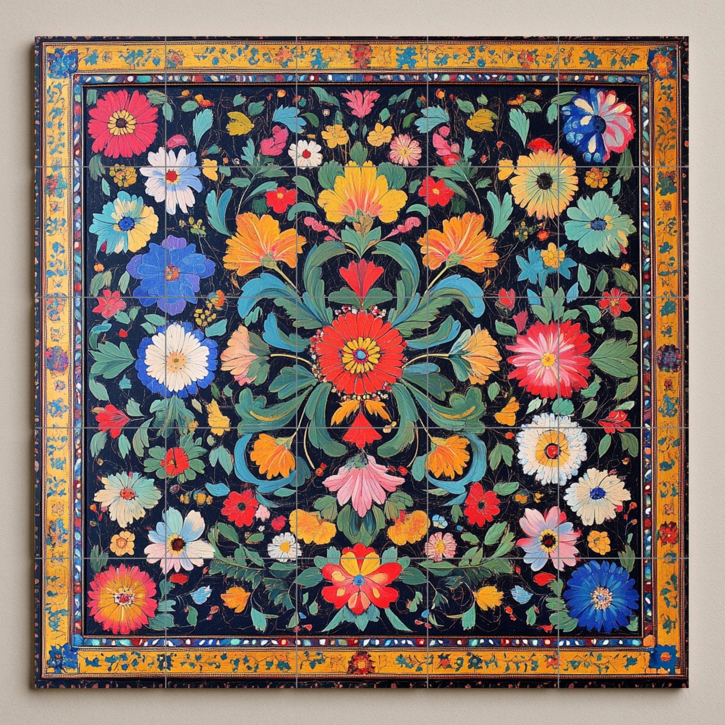 Pakistani ceramic mural: popular floral design inspired by Mughal gardens, the colors of the Indus Valley, and vibrant cultural craftsmanship.