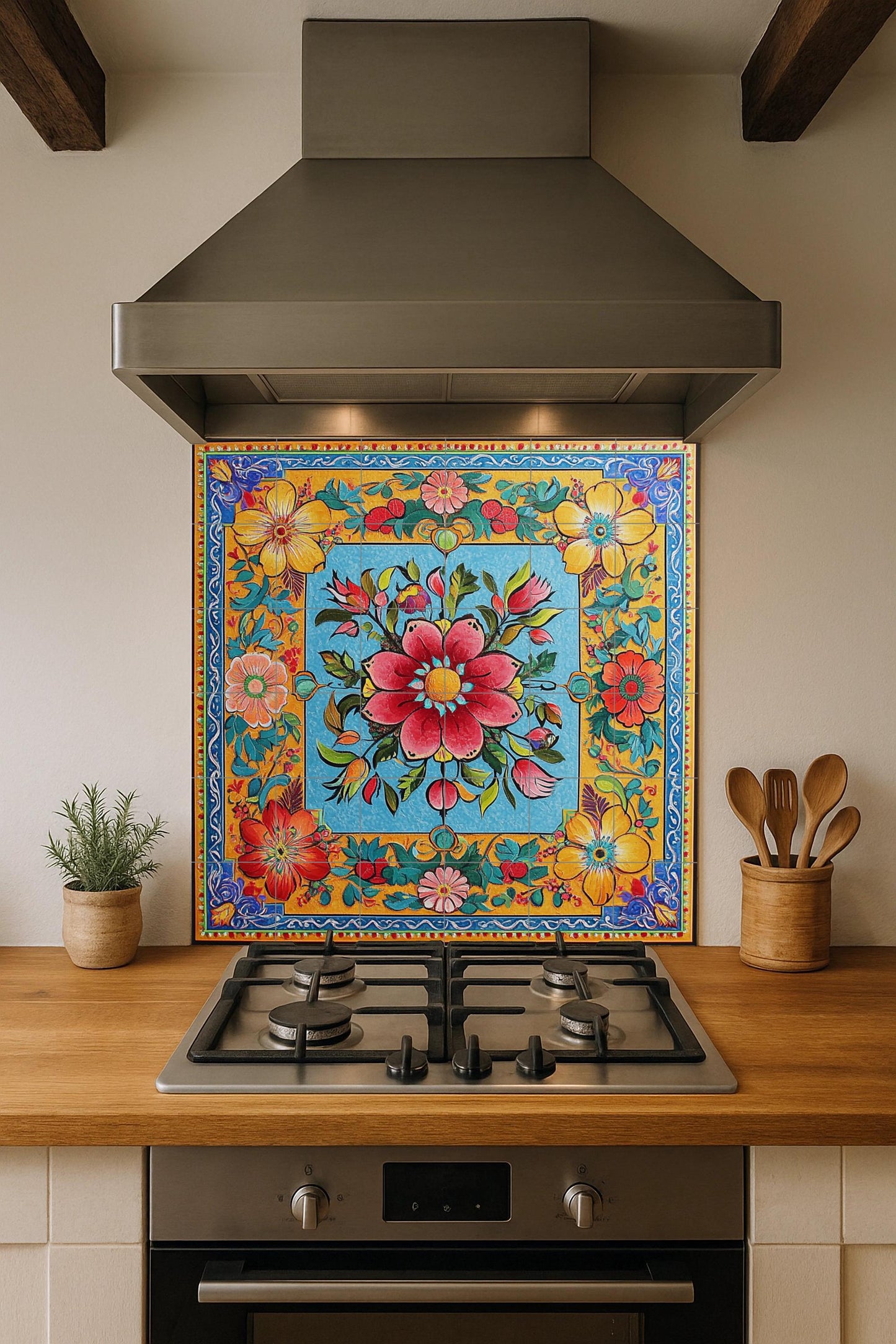 Ceramic mural with Pakistani truck art: vibrant floral and geometric motifs with decorative border, wall tile design with a colorful folk style.