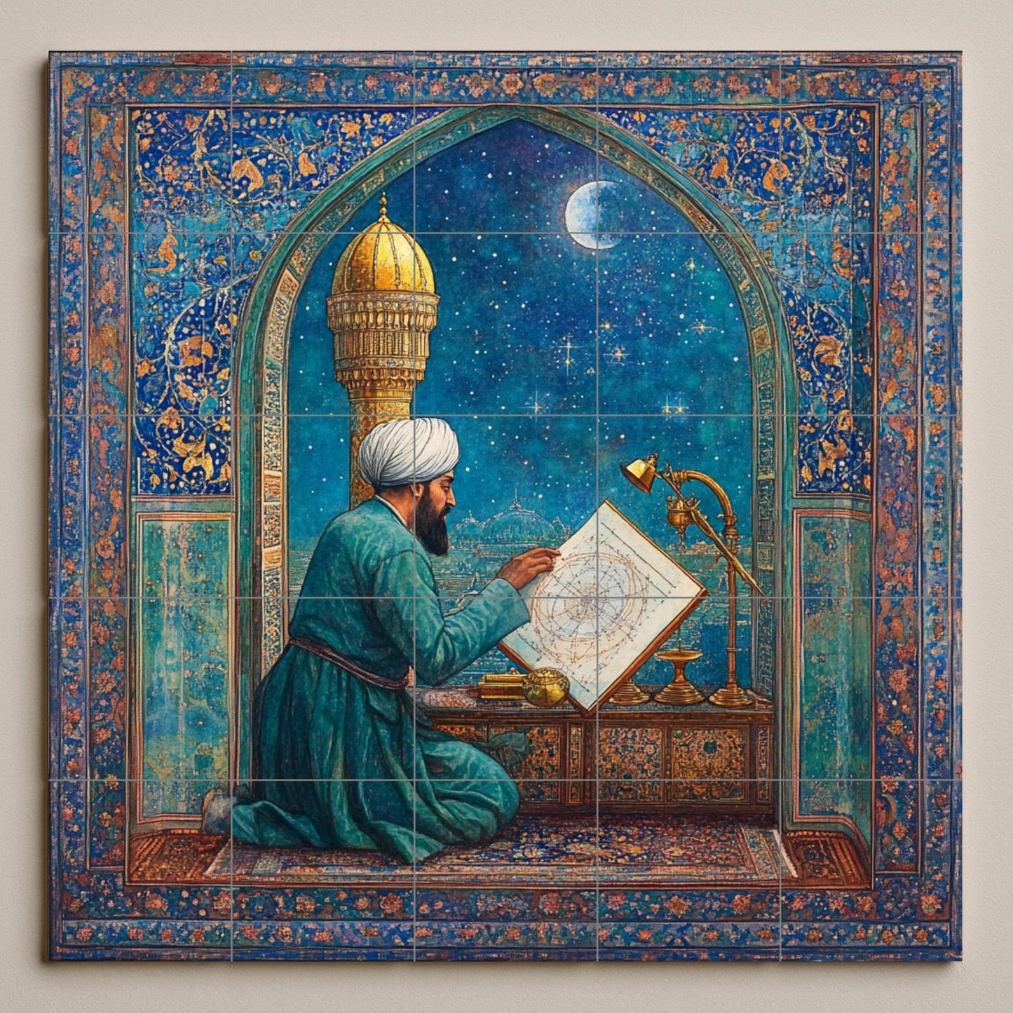 Ceramic mural of a Persian astronomer: a scholar with a celestial map in Islamic architecture, inspired by the art of Samarkand and Isfahan.