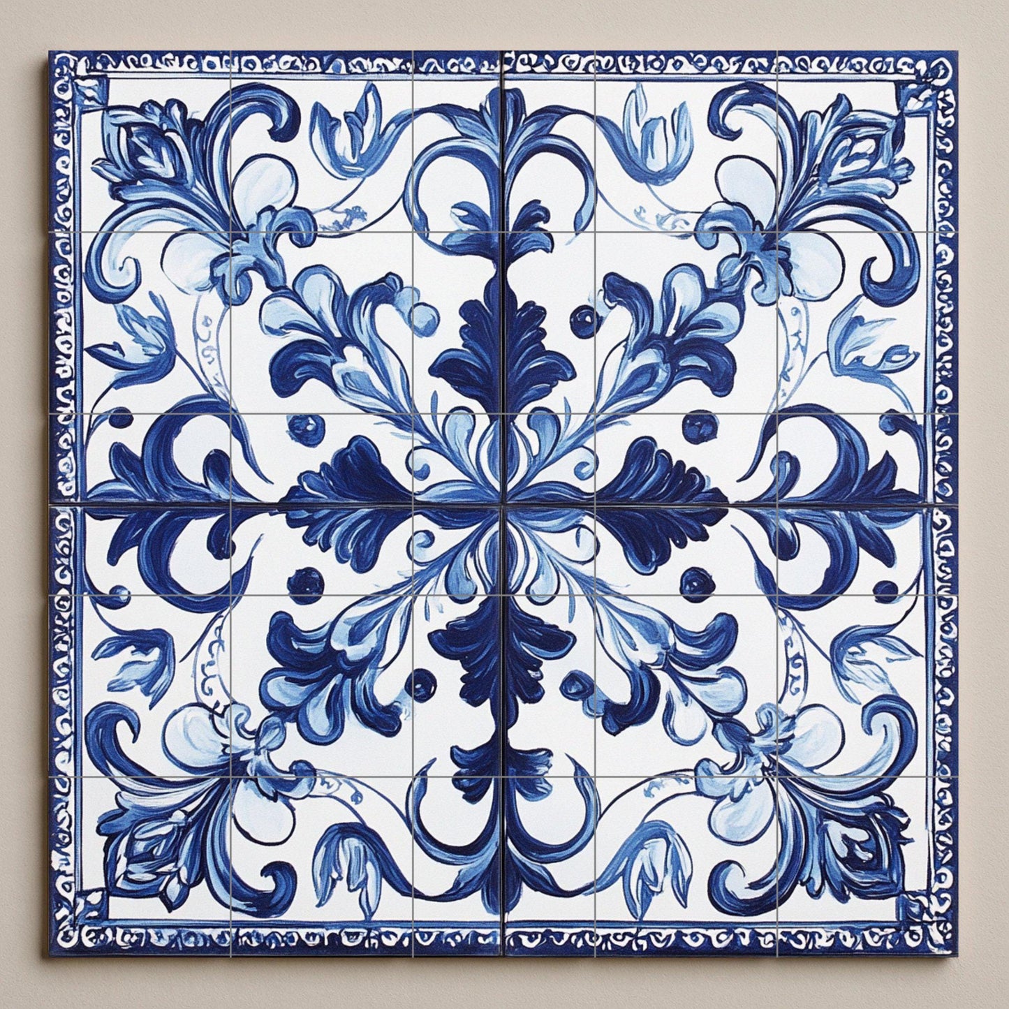 Portuguese tile ceramic mural: classic blue and white floral ornament with filigree border, elegant decorative design.