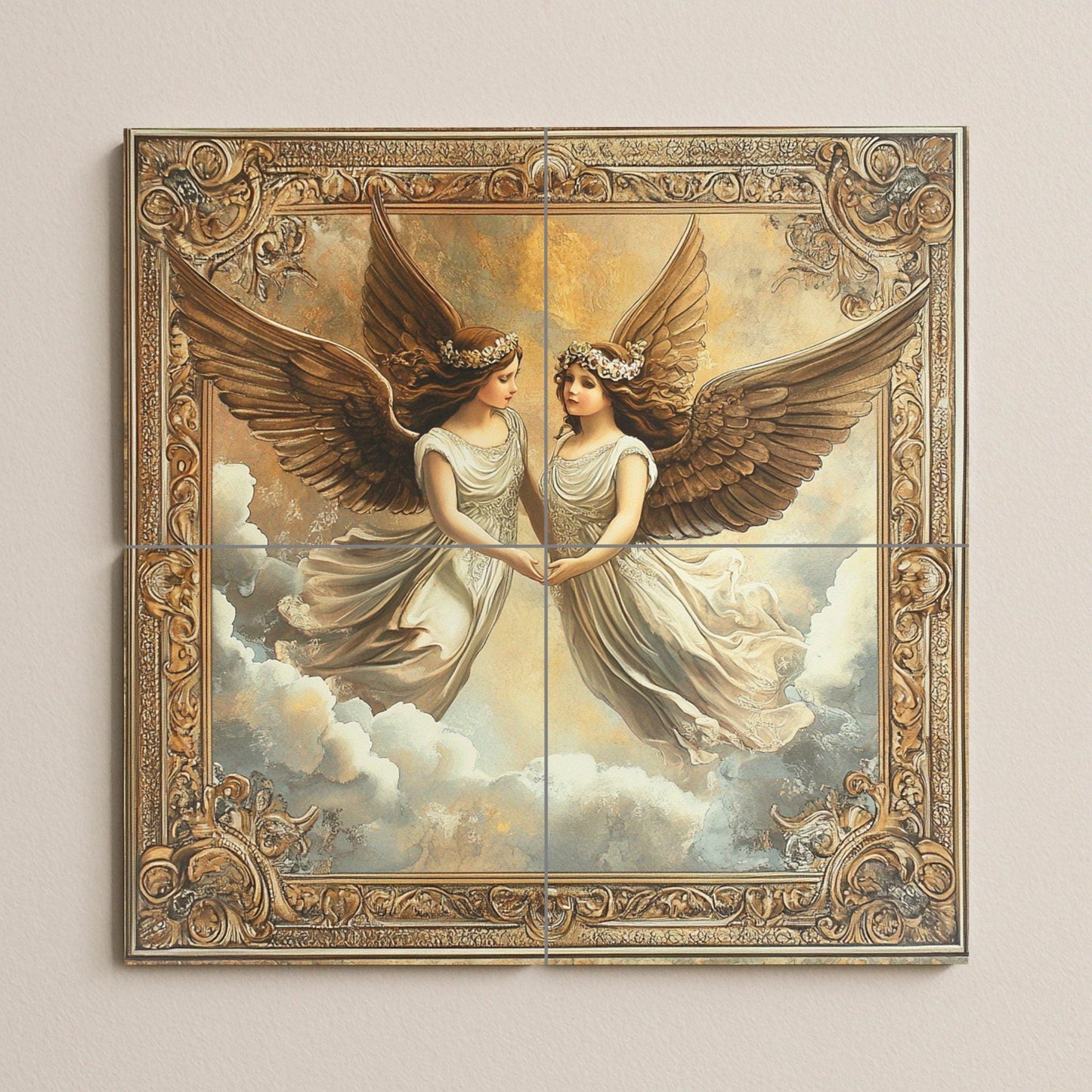 Ceramic mural "Twin Angels": elegant winged figures in an ornate frame, romantic cloud scene, classic and ethereal mural art.