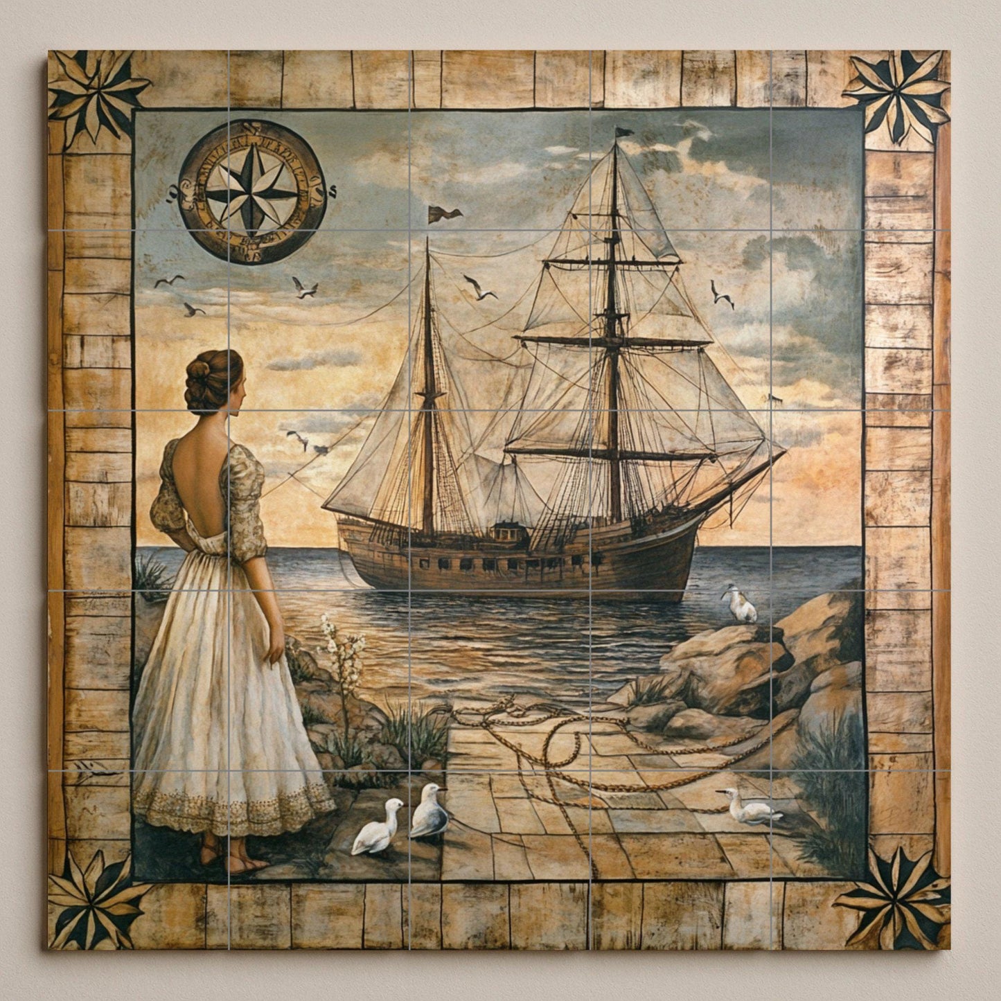 Maritime ceramic mural: woman on the shore with sailboat, compass rose and marine border, vintage style nautical wall art.