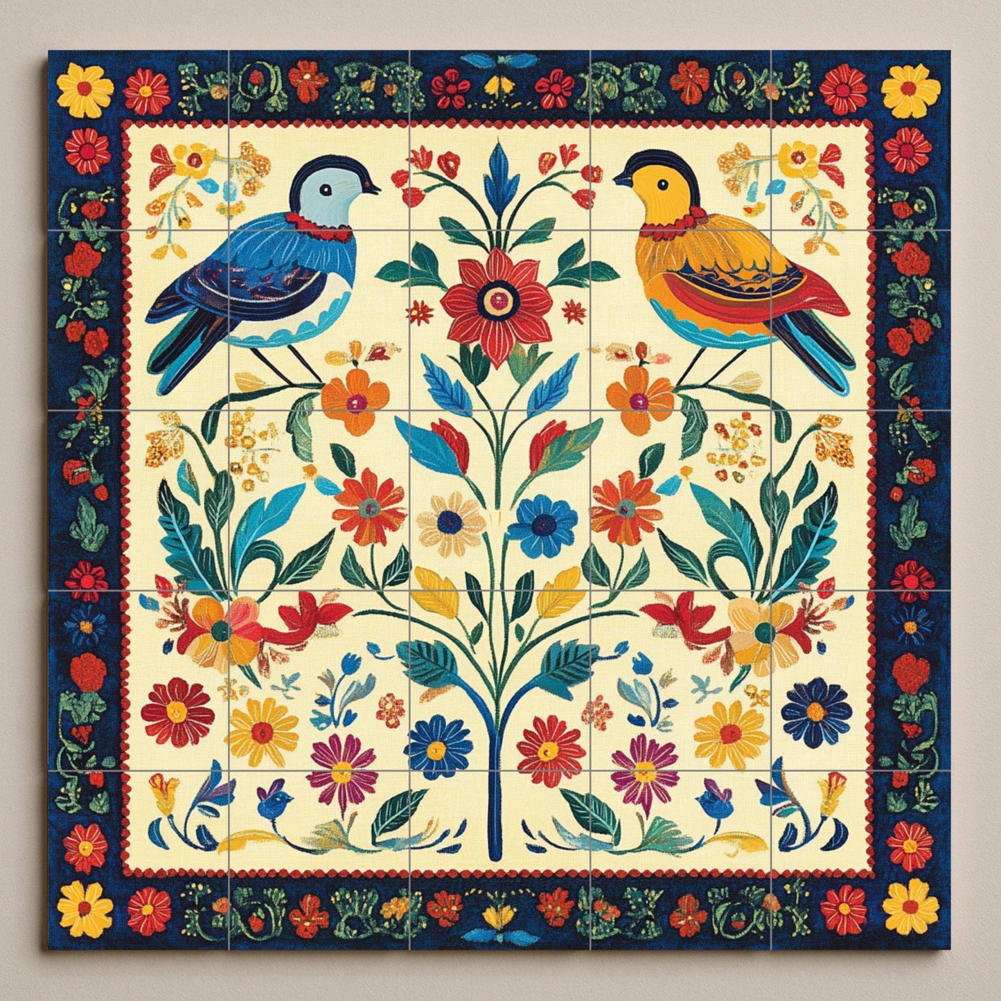 Popular Slovak mural: colorful birds and flowers in a symmetrical design, inspired by traditional embroidery and the art of the Carpathian peoples.