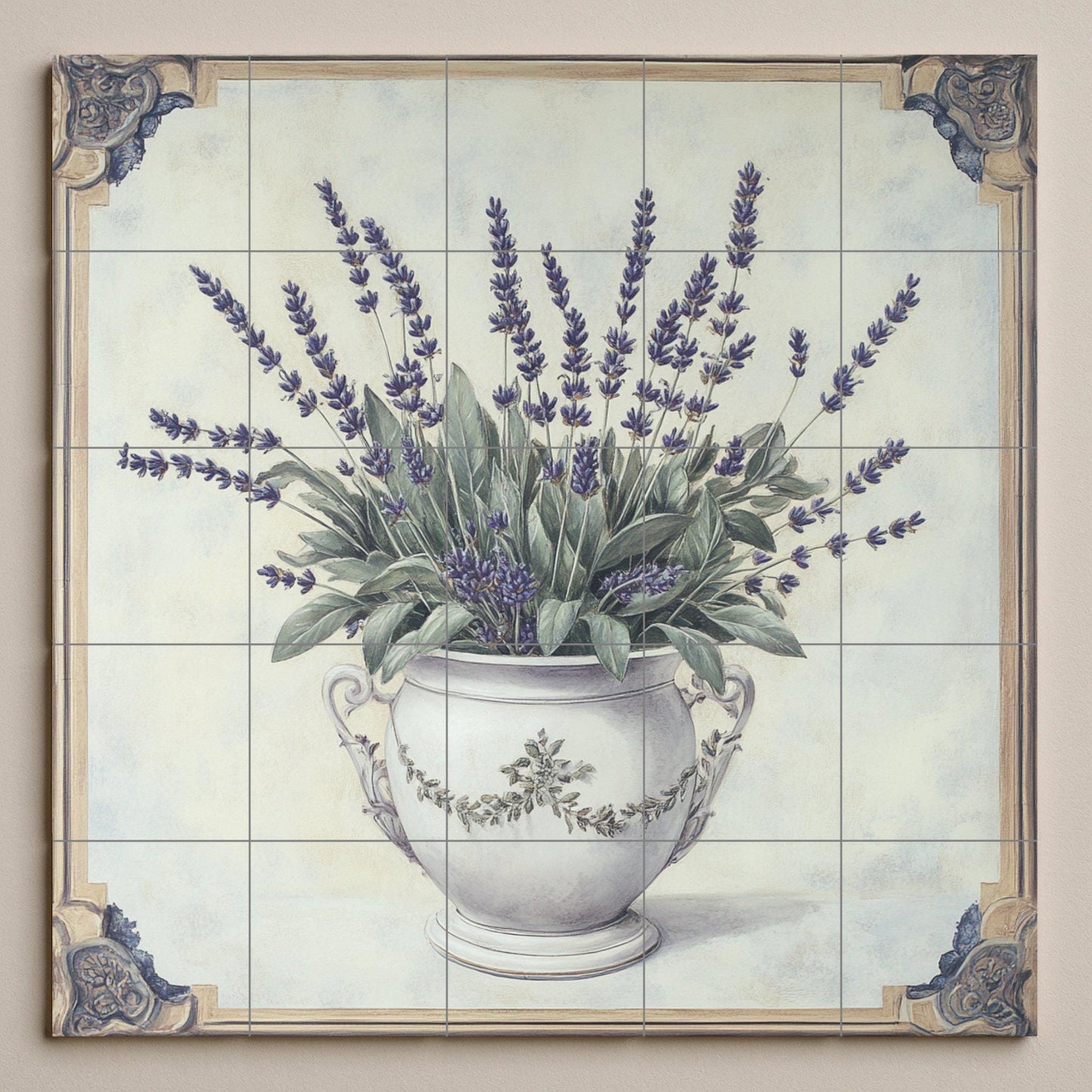 Lavender mural: Ceramic wall art with an elegant floral vase design, decorative tile panel for kitchen, bathroom or garden decoration.