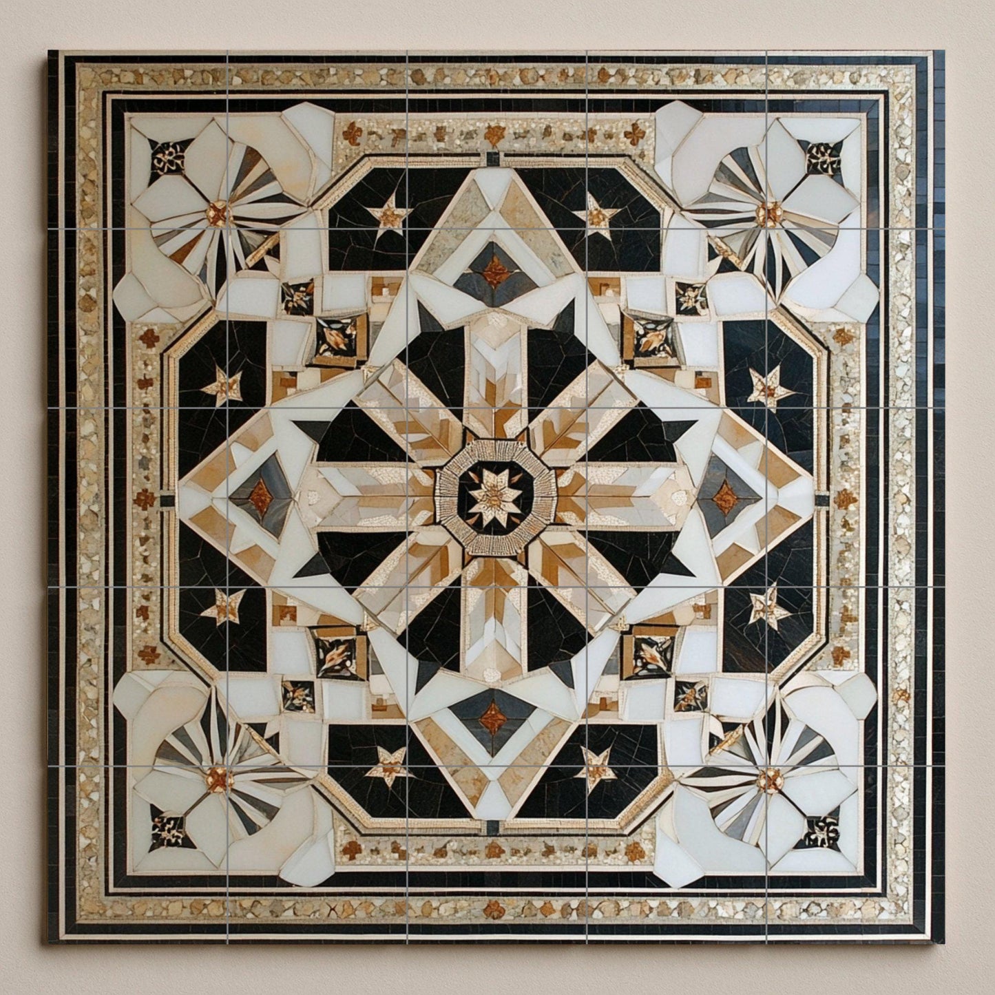 Geometric Star Ceramic Mural: Ornamental panel of black, white and gold tiles with an intricate symmetrical design, luxury wall art centerpiece