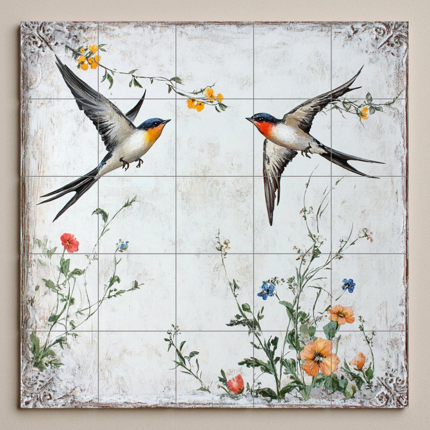 Ceramic mural "Swallows in flight": Birds and wildflowers of the European countryside, vintage art inspired by nature.
