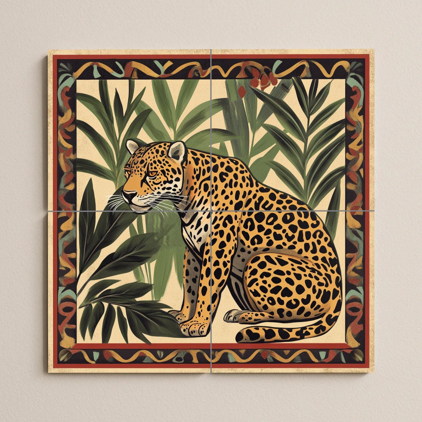 Ceramic mural of an Amazonian jaguar: Latin American jungle art with tropical palm trees and tribal border, mosaic of exotic fauna.