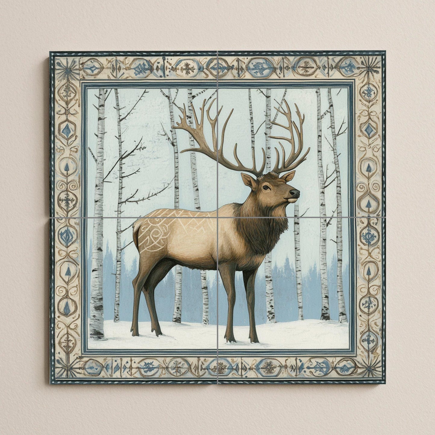 Nordic deer ceramic mural: Scandinavian winter forest with birch trees and antlered deer, blue and ivory decorative tile.