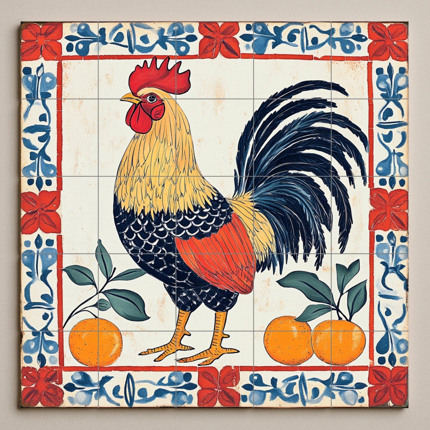 Ceramic mural of a Portuguese rooster – Folk art of the Barcelos Rooster with oranges and floral border, Iberian decorative tile