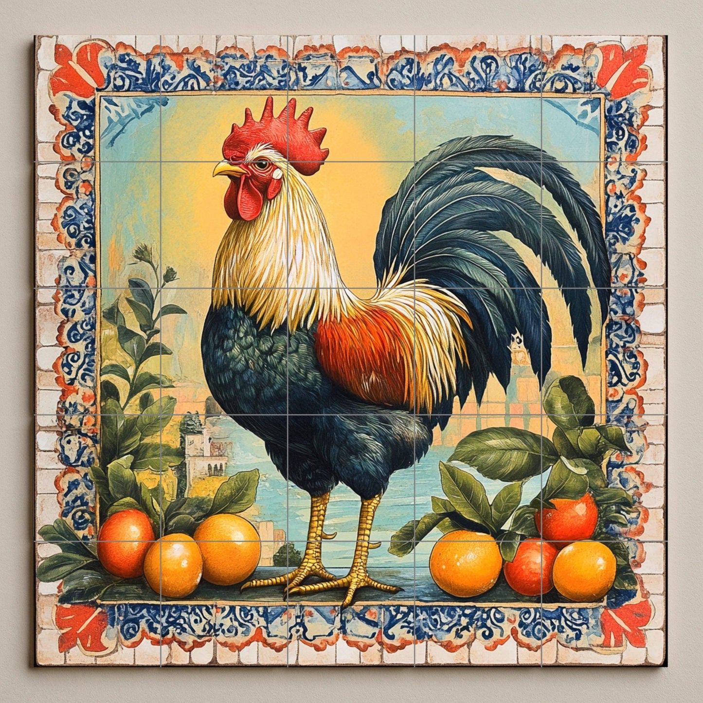 Morning ceramic mural of Seville: Iberian rooster with oranges and Moorish tile border, Andalusian art from southern Spain.