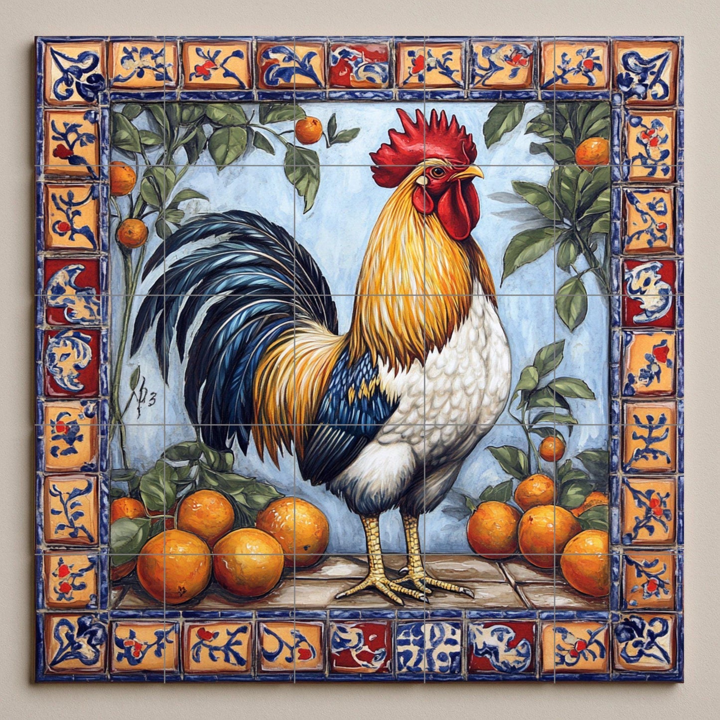 Mediterranean rooster ceramic mural: colorful farm scene with oranges and folk border, Andalusian decorative tile