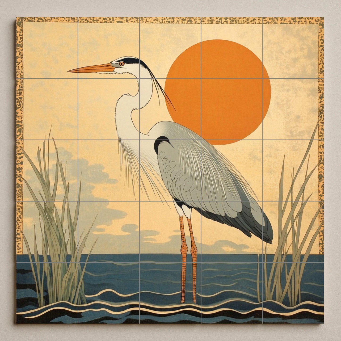 Golden Horizon ceramic mural: Elegant heron by the water with the rising sun. Minimalist design inspired by Japanese art in warm earth tones.