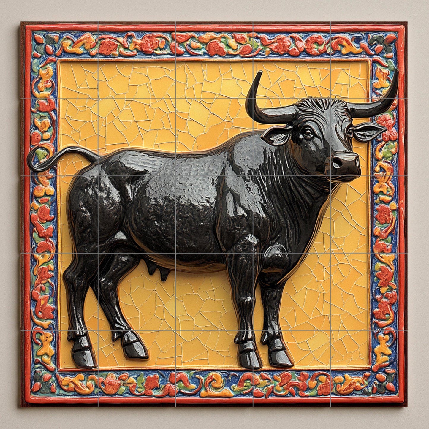 Ceramic mural of a majestic bull: glossy black figure on a gold mosaic background with an ornate border, symbol of strength and legacy.