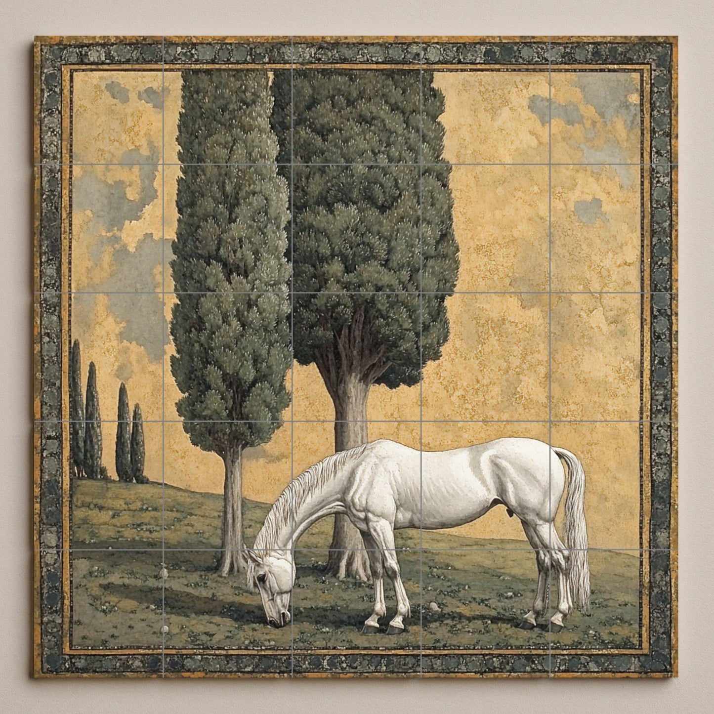 Ceramic mural "Pastoral Grace": White horse under cypress trees, peaceful country scene in classic landscape style
