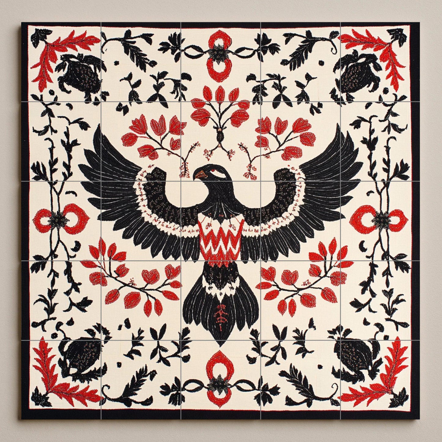 Ceramic mural of eagle and vine: Albanian folk motif with symmetry in black and red, artistic mosaic inspired by cultural heritage.