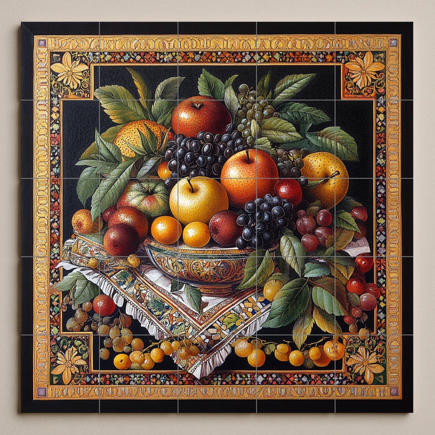 "Golden Harvest" ceramic mural: Classic still life with apples, grapes and autumn fruits in an elaborate Renaissance style.