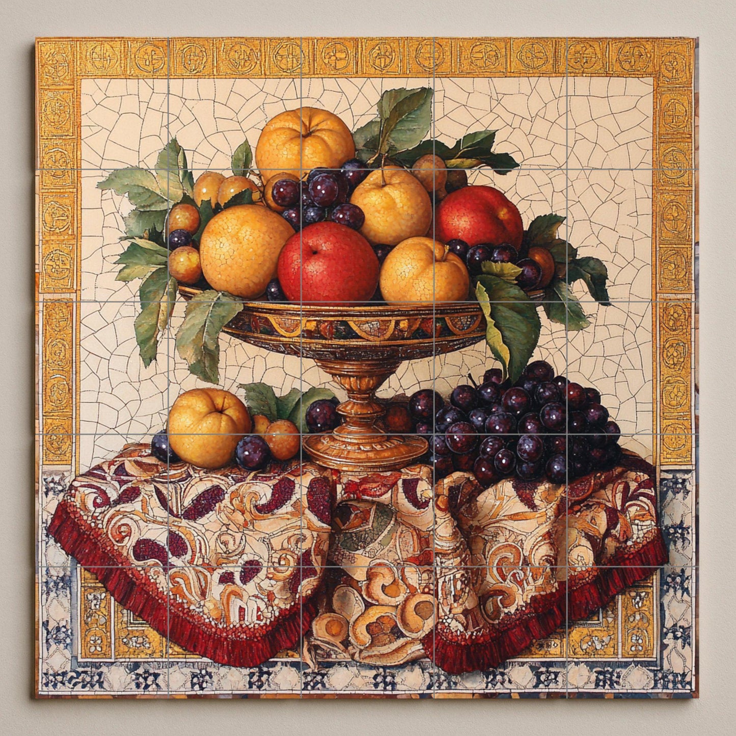Ceramic still life mural: Baroque composition of fruits with golden details: grapes, apples and oranges on ornamental fabric.