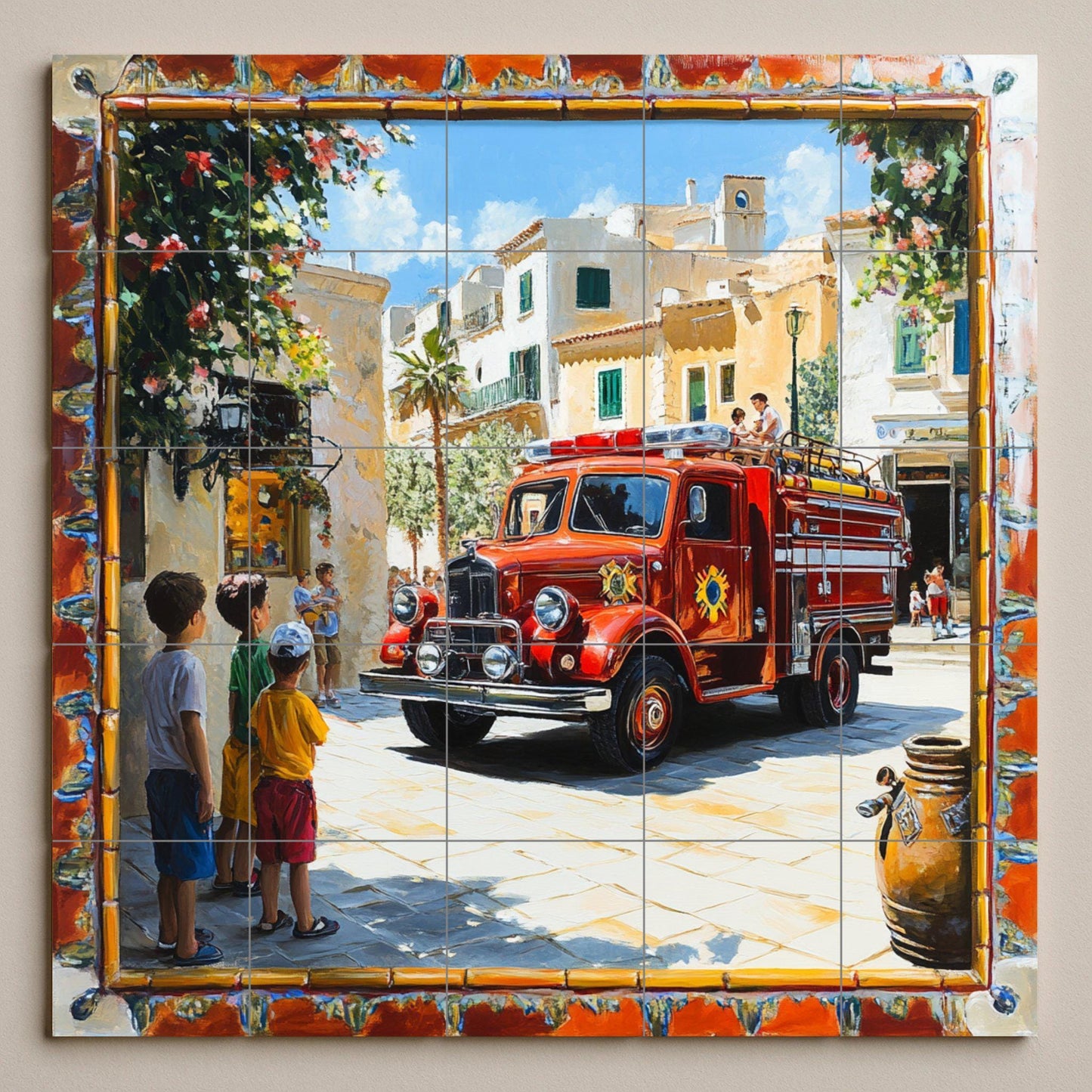 Ceramic mural with an old fire truck in a Mediterranean village: decorative artwork with colorful tiles, children and a sunny street.