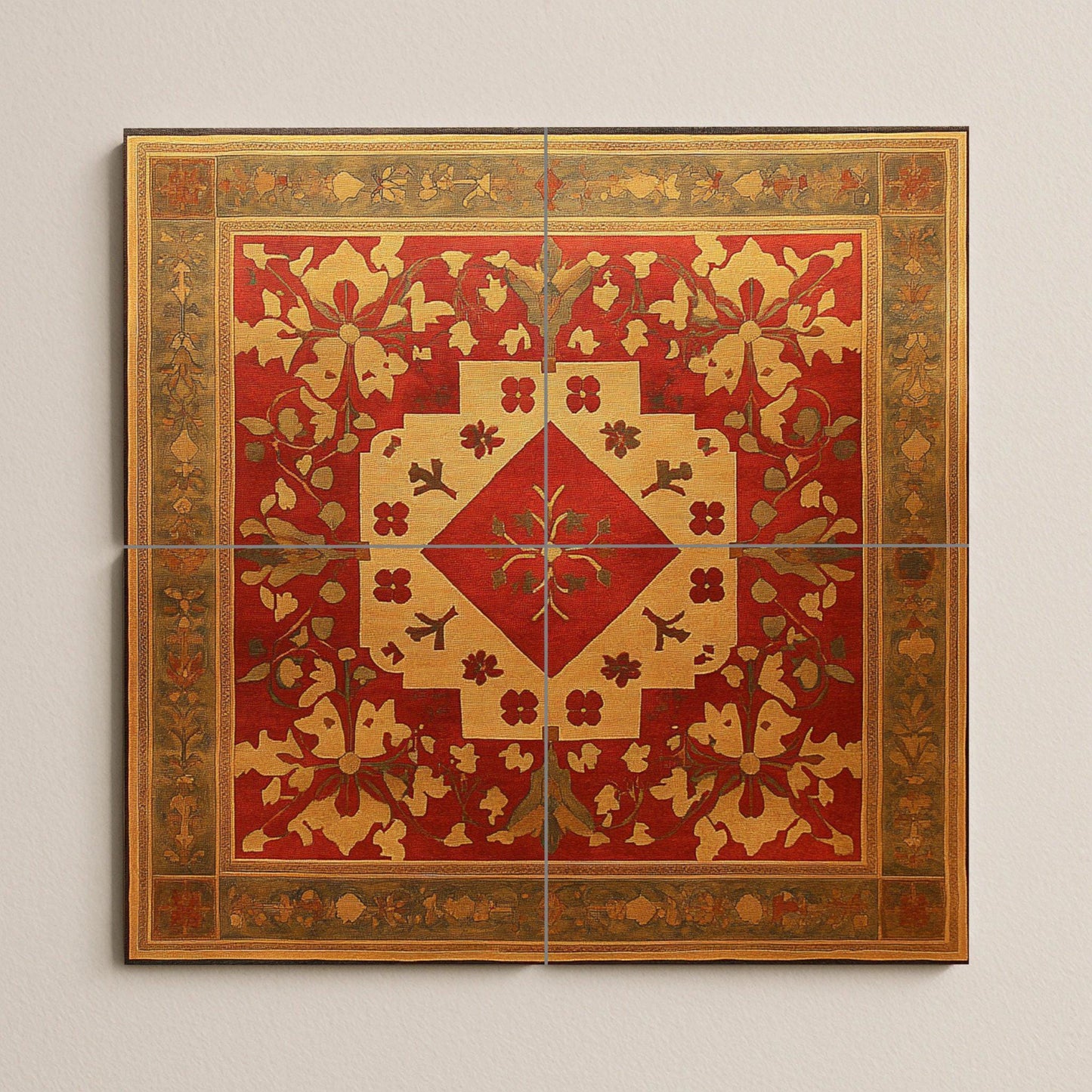 Armenian ceramic mural with motifs of crosses, golden rosettes, red geometric centerpiece and ornamentation of illuminated vines.