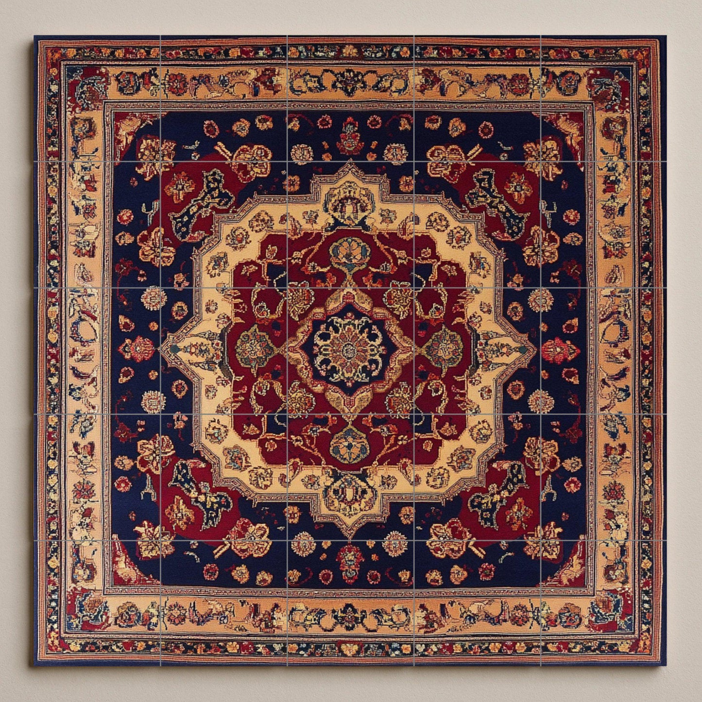 Shiraz Persian ceramic mural with a rich floral medallion and decorative tiles in red and navy blue, wall art inspired by traditional carpets.