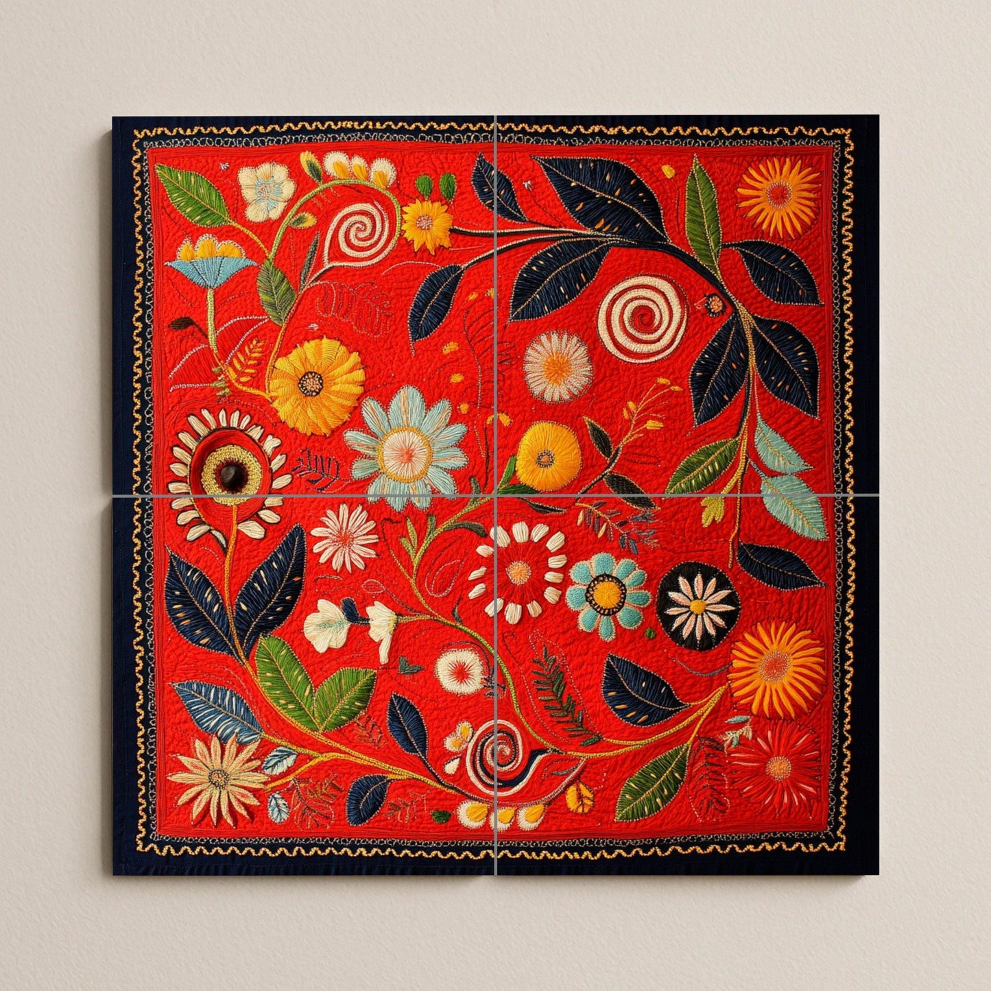 Deep red ceramic mural with botanical swirls, spiraling flowers, golden flowers and a decorative artistic touch.