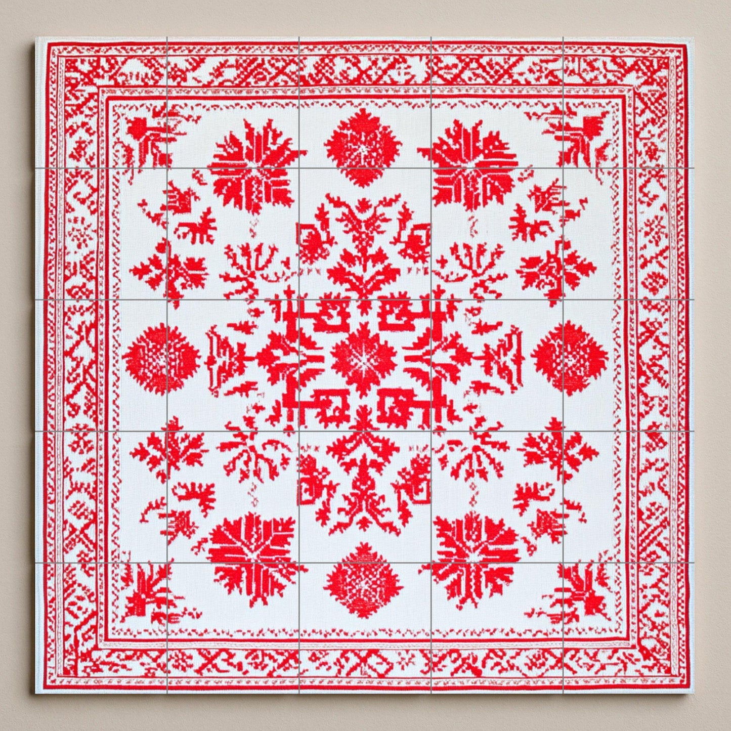 Ceramic mural: design inspired by red geometric embroidery, traditional urban motifs with ornamental borders on white tiles.