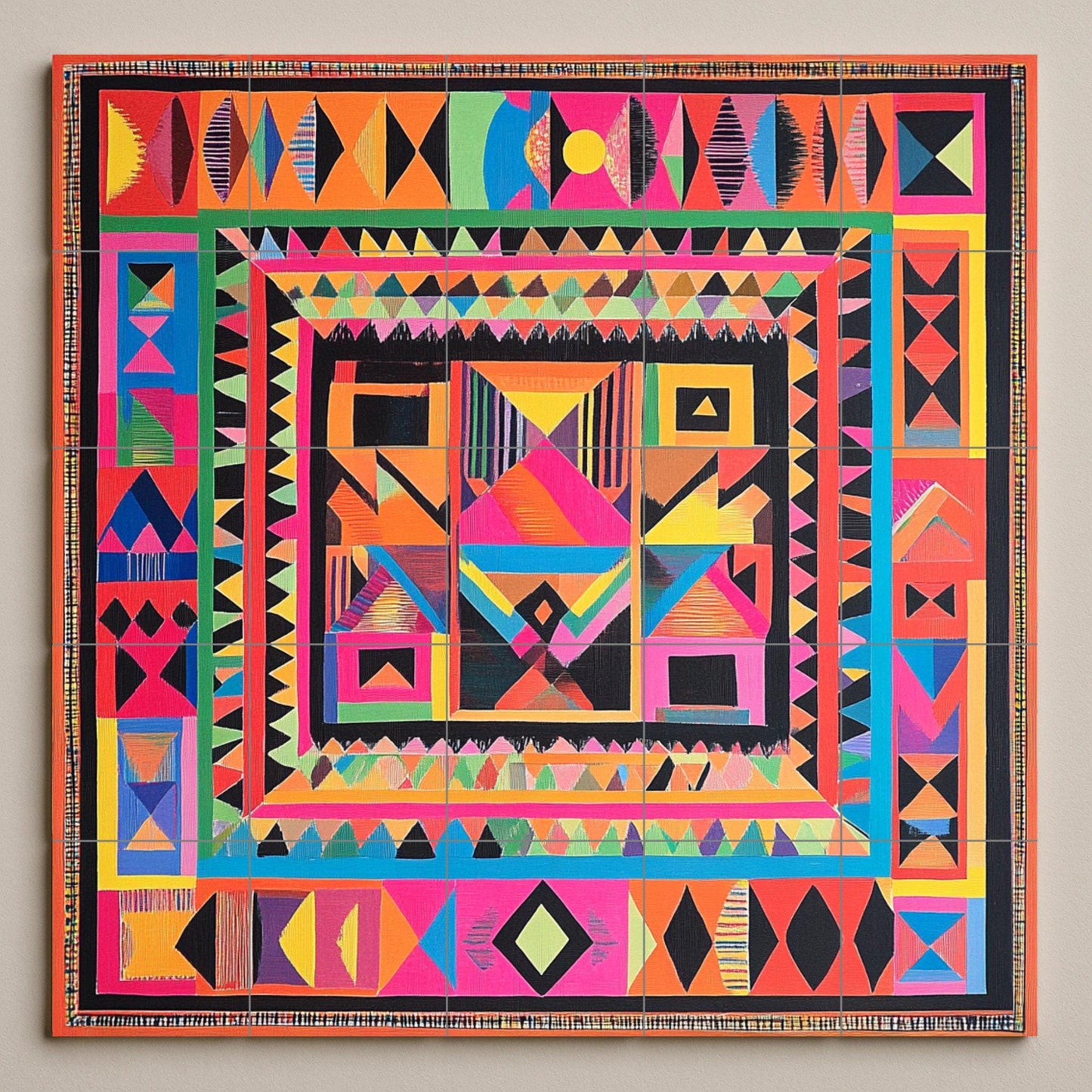 Radiant ceramic wall mural: multicolored geometric design, abstract symmetry, vibrant decorative artwork on tiles for bold interiors.