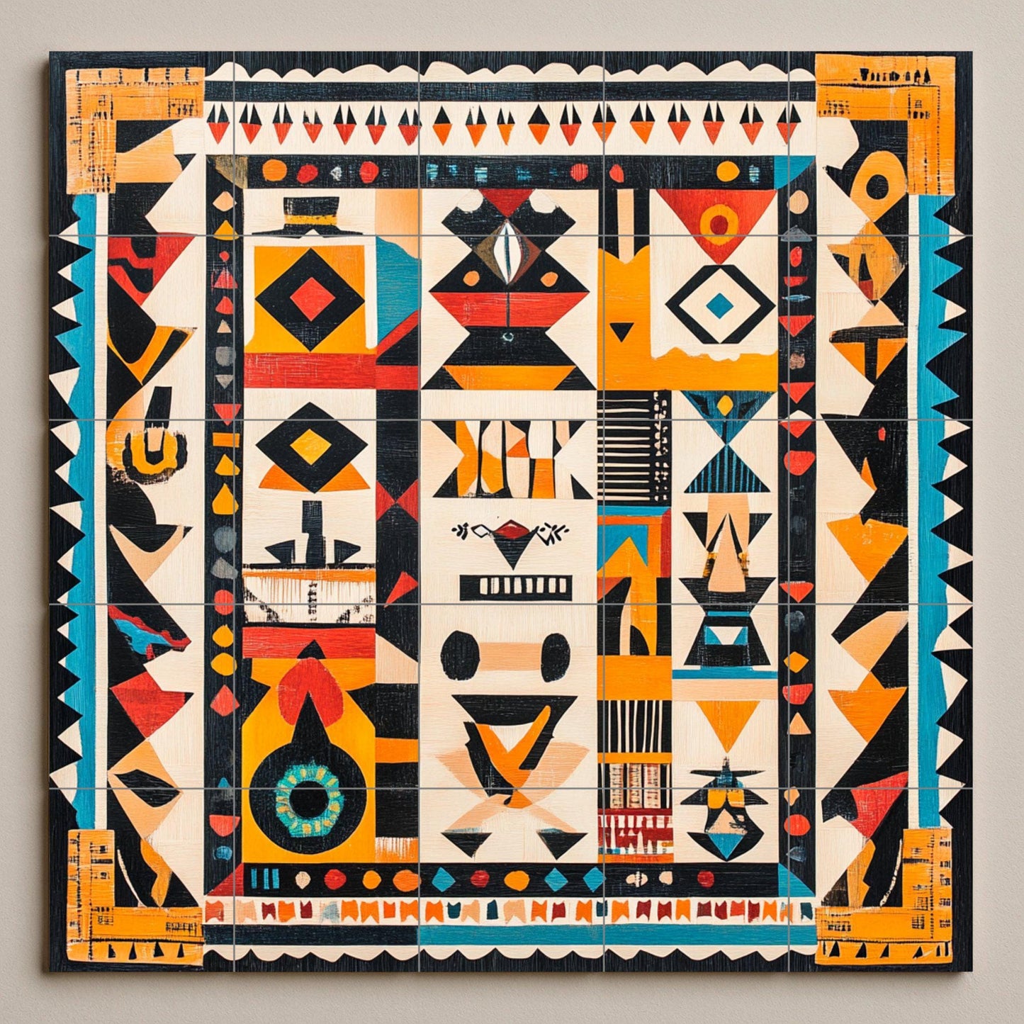 Brazilian indigenous ceramic mural: tribal artwork with geometric motifs and vibrant colors.