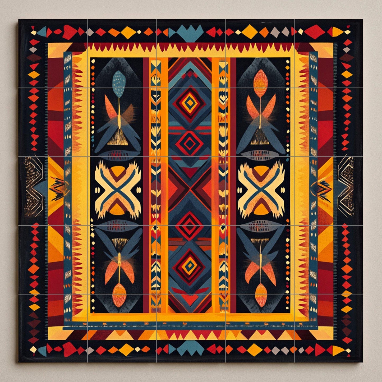 Brazilian indigenous ceramic mural: geometric tribal artwork with body paint symbols, earthy and vibrant colors, and ancestral decoration.