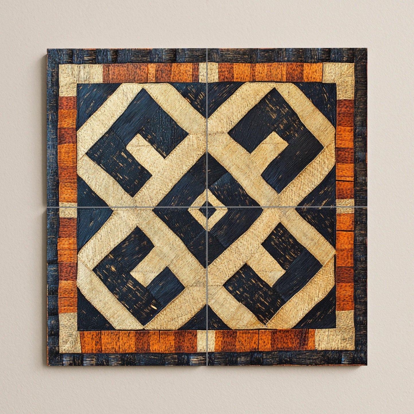 Congolese Kuba ceramic mural: Tribal-inspired tile artwork in raffia with striking geometric patterns and African heritage mural art.