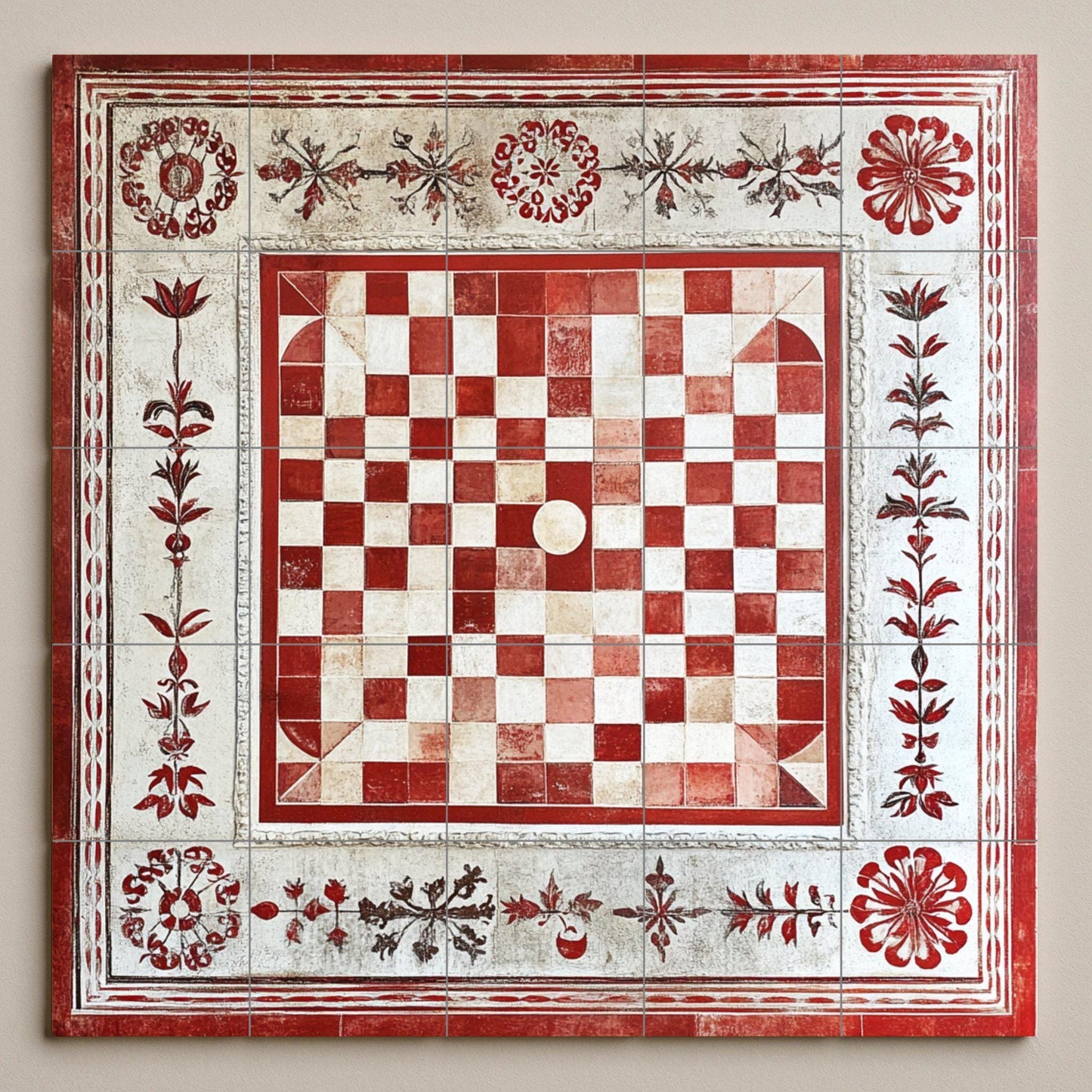 Ceramic mural of Croatian paintings: artwork in traditional red and white tiles with floral border, decorative wall panel inspired by historical folklore.