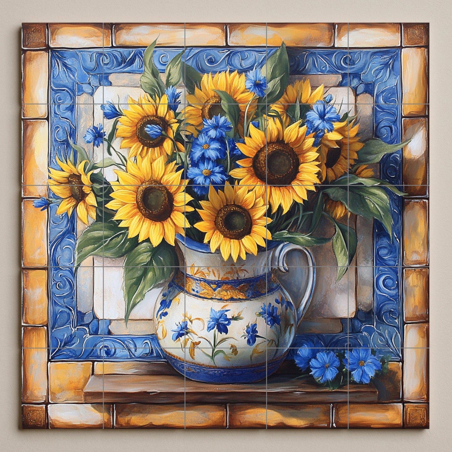 Ceramic sunflower mural: hand-painted tile panel with blue floral details, rustic vase artwork, Mediterranean decorative wall art.