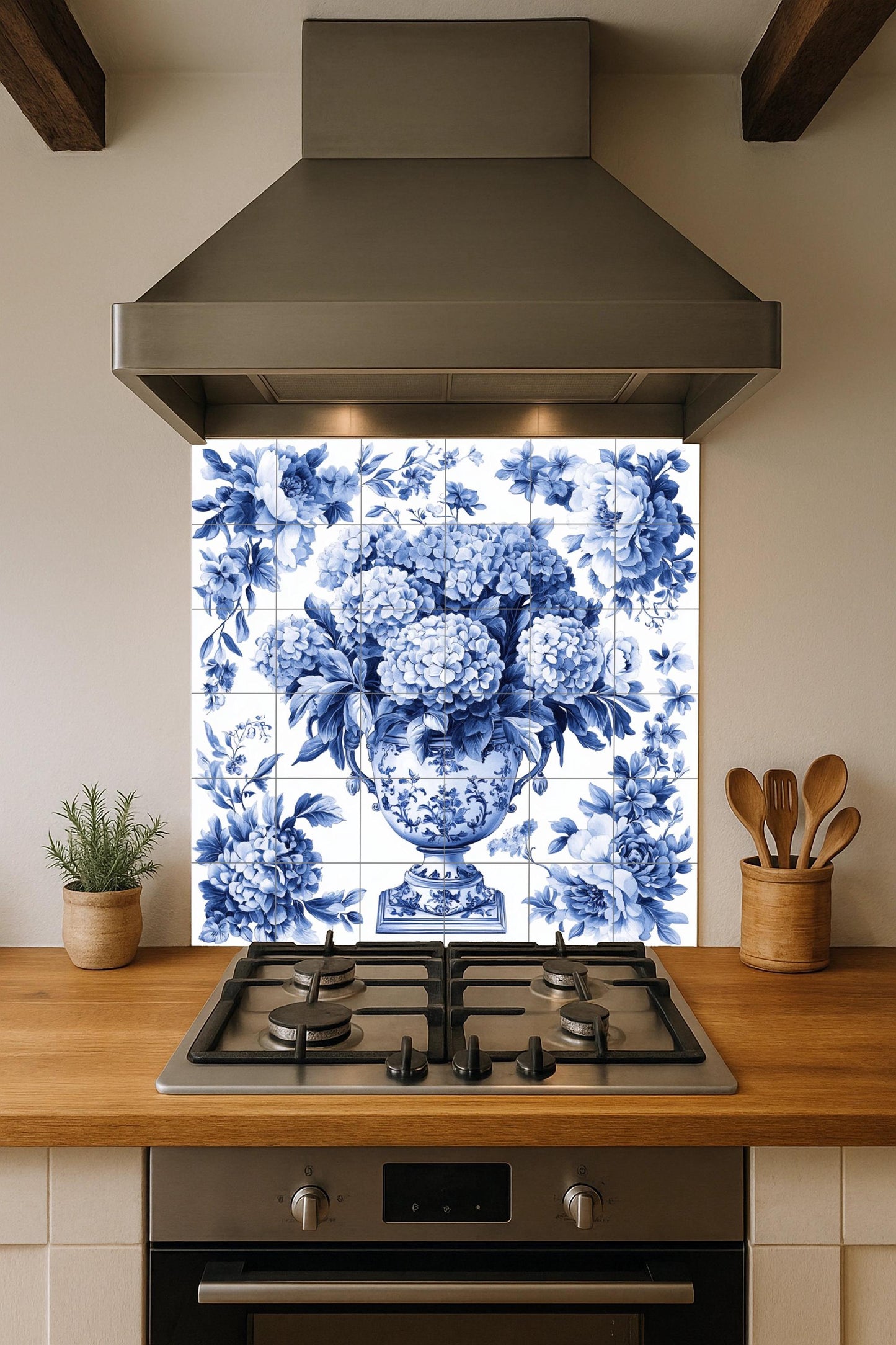 Delft Blue Ceramic Mural: Tile panel with an ornamental floral vase with hydrangeas and peonies, classic European decorative wall art.