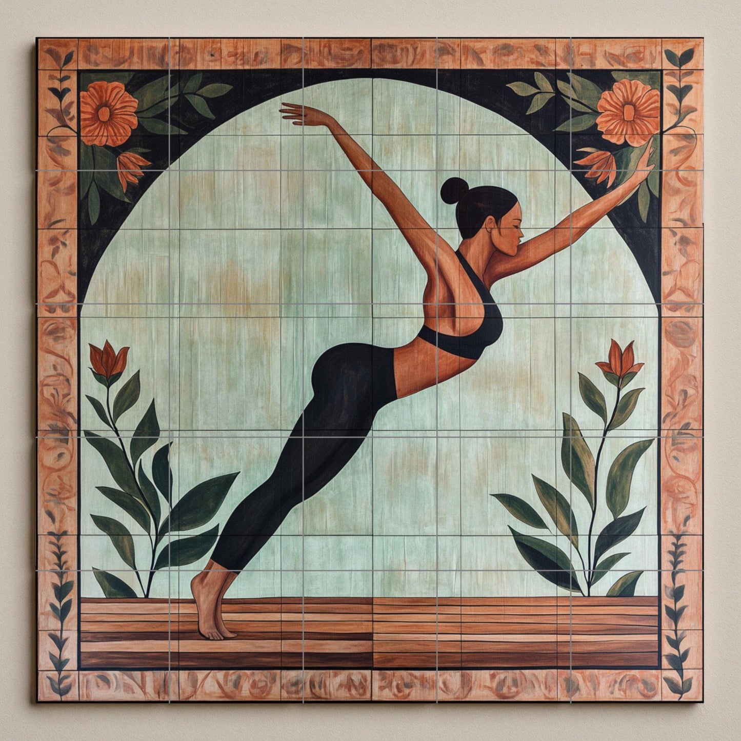 Ceramic yoga mural: artistic wellness tile panel with floral arch motif, conscious movement wall art in earthy and botanical tones.