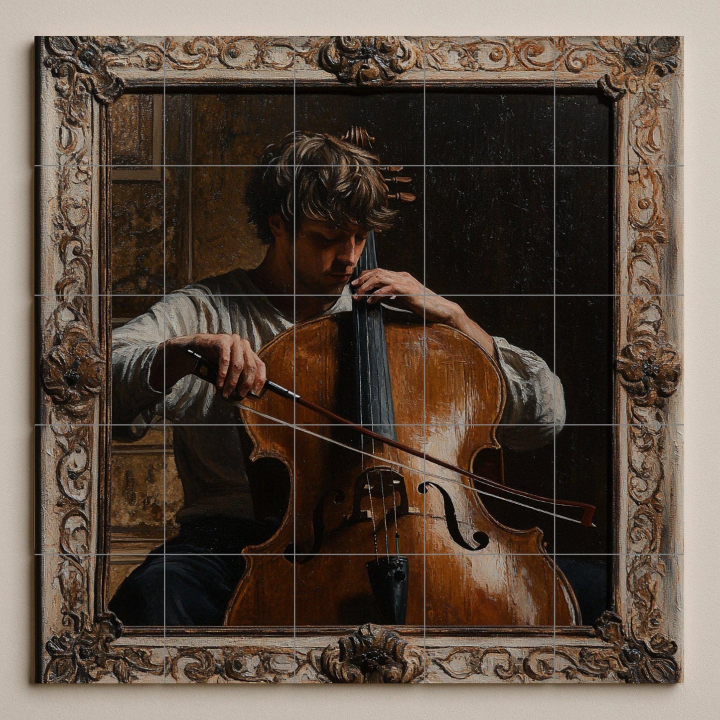 Classical Music Ceramic Mural: Romantic Cellist with Baroque Frame, European Art Inspired Wall Panel, Vintage Musical Artwork.