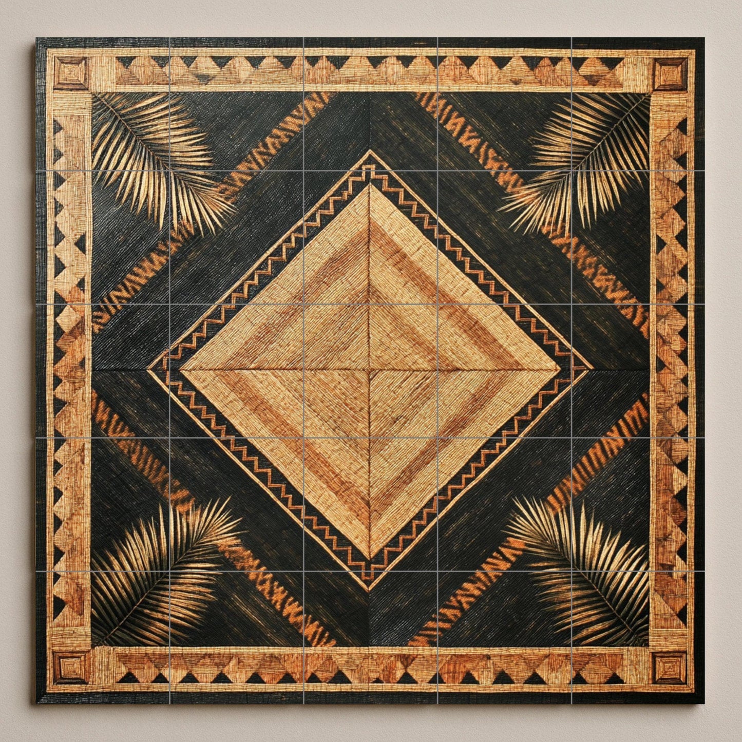 Banig Mat Filipino Ceramic Mural: Diamond-shaped palm leaf design with tribal border, woven fiber-inspired tile panel, Southeast Asian wall art