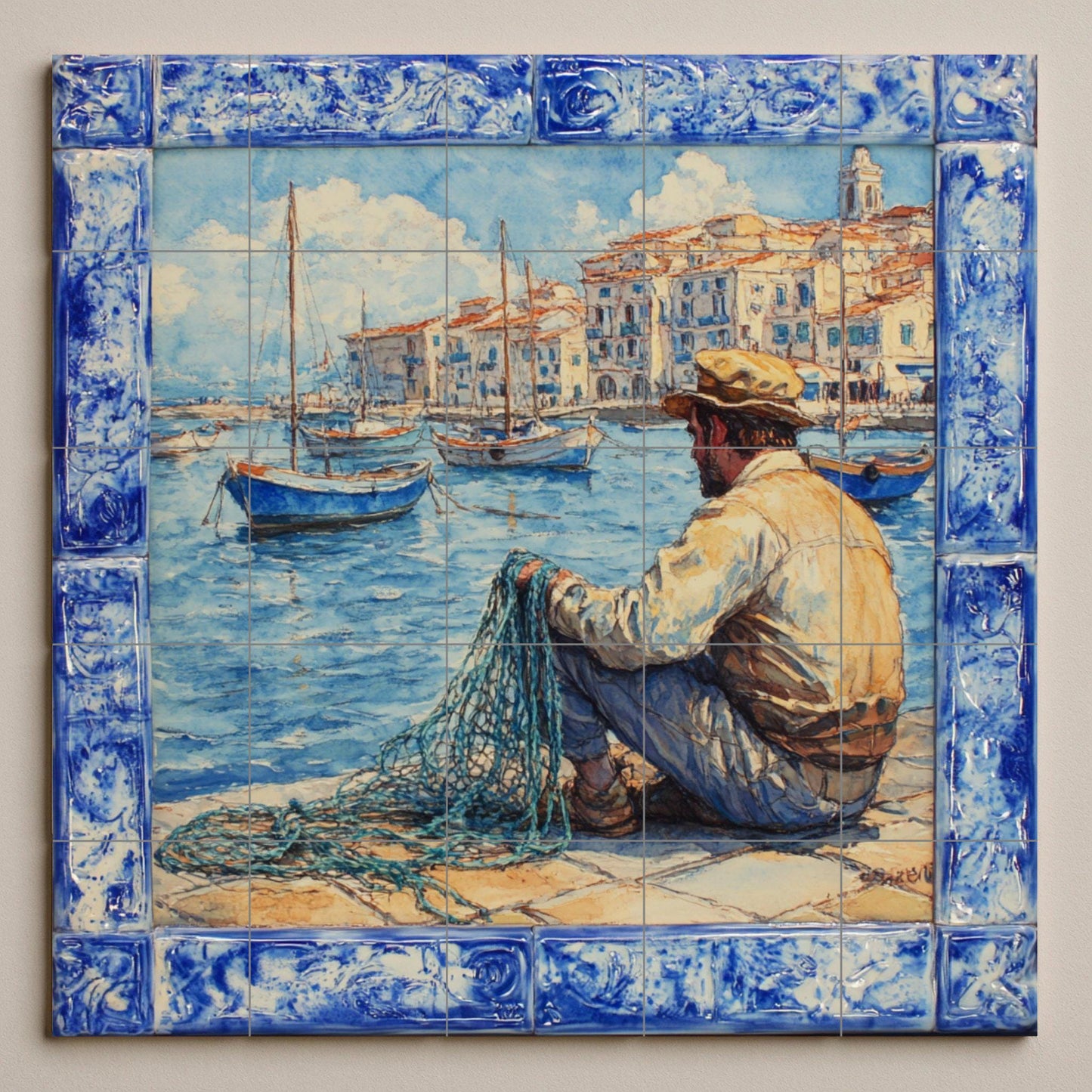 Ceramic mural of coastal fishing in Sardinia: Mediterranean port scene inspired by Alghero, Cagliari and Bosa, traditional Italian tile art.